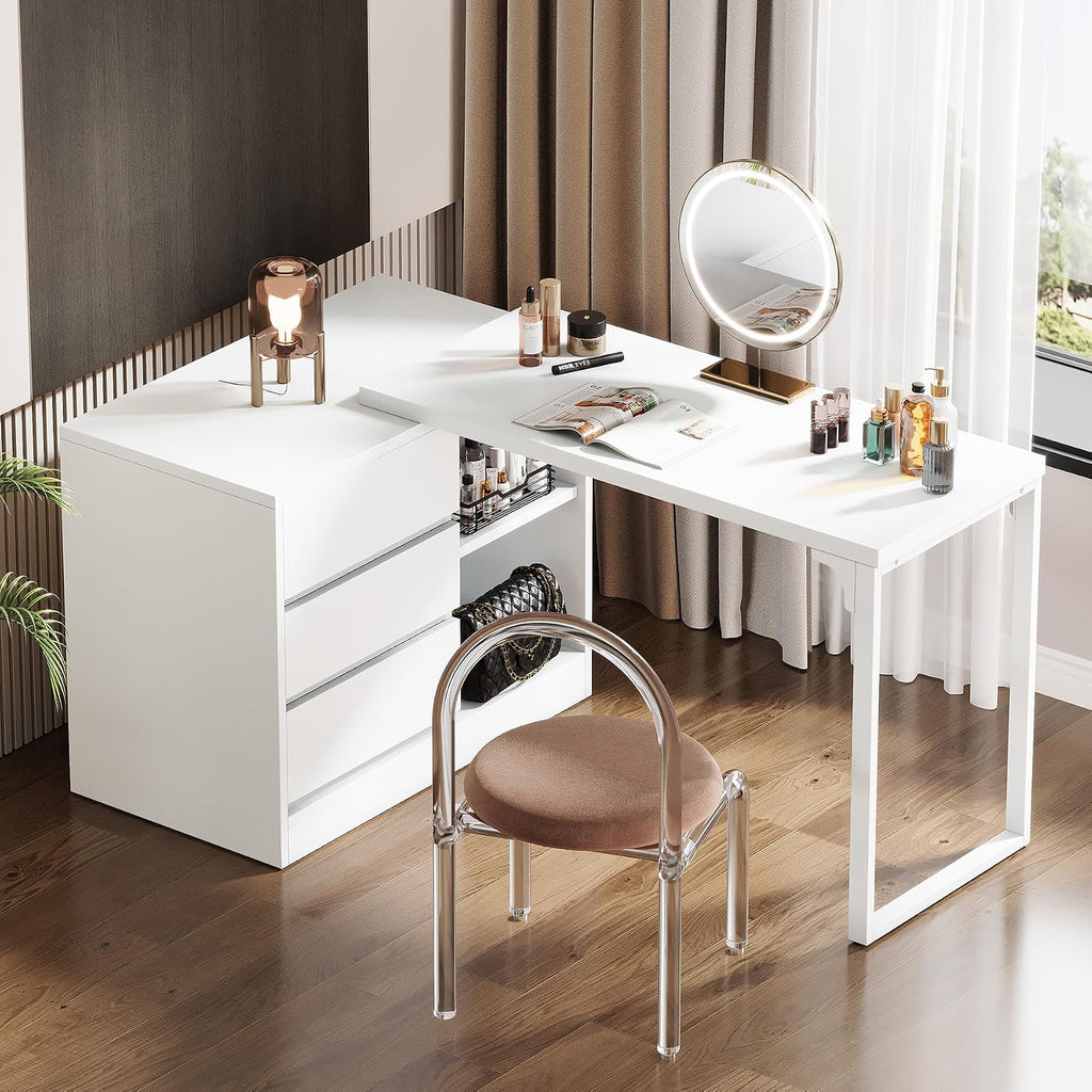 Tribesigns Vanity Desk with 3 Drawers and 2 Shelves, Small Makeup Table with Reversible Adjustable Storage Cabinet, Modern Corner Dressing Table for Bedroom, Makeup Room (Without Mirror) (Matte White)