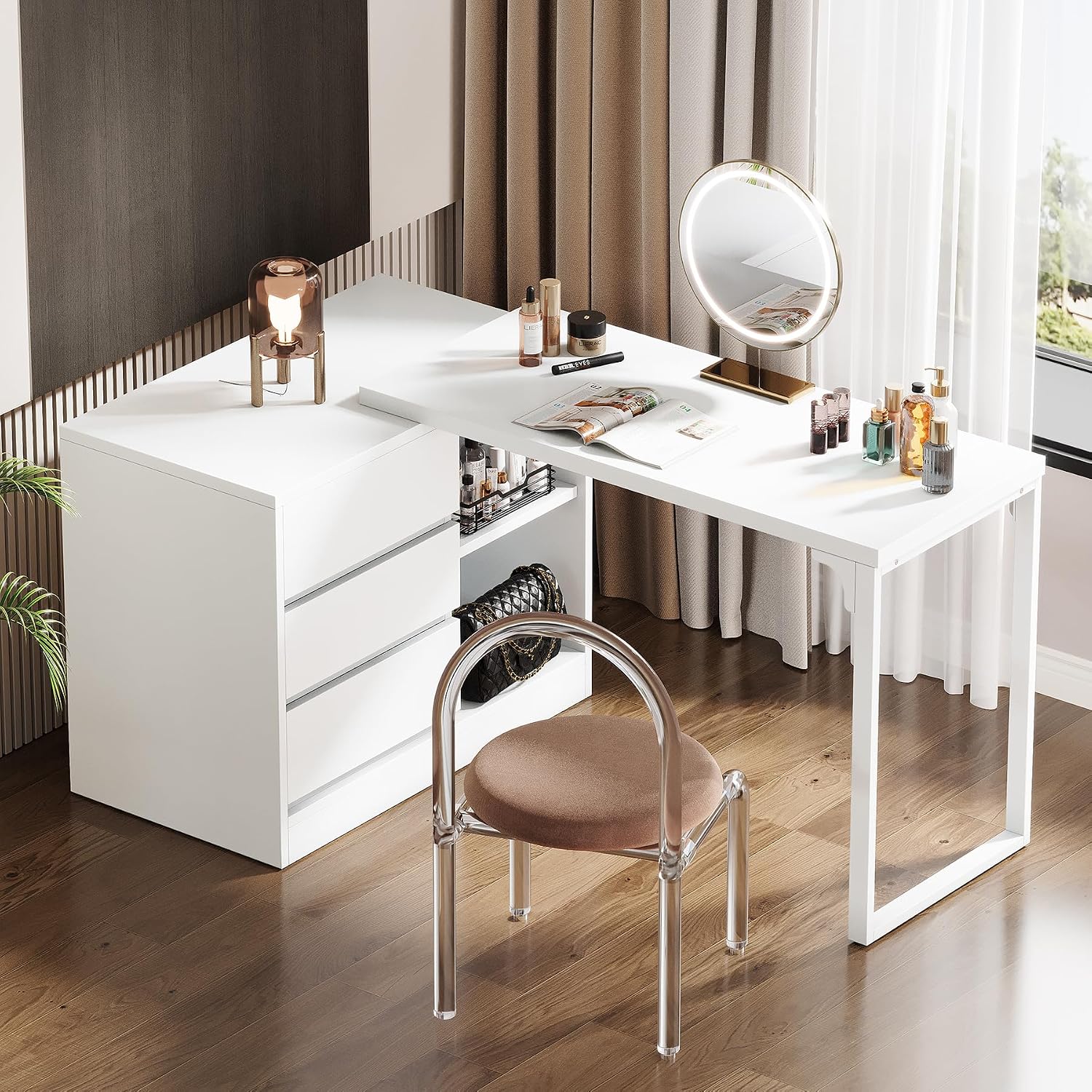 Tribesigns Vanity Desk with 3 Drawers and 2 Shelves, Small Makeup Table with Reversible Adjustable Storage Cabinet, Modern Corner Dressing Table for Bedroom, Makeup Room (Without Mirror) (Matte White)