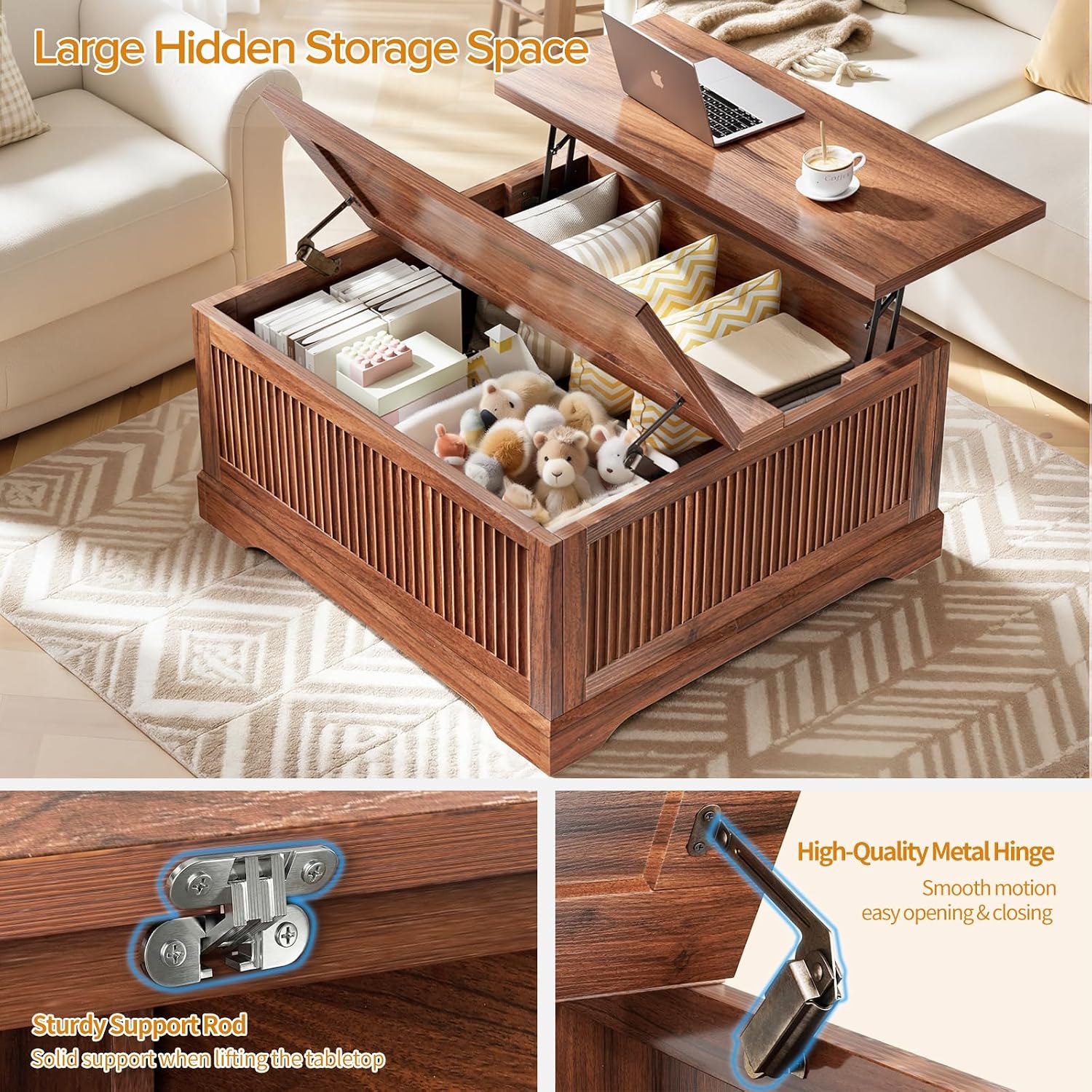 Memobarco Lift Top Coffee Table with Storage, Fluted Coffee Tables with Lifting Top, Modern Farmhouse Square Center Table for Living Room, Home Office, with Hidden Compartment, Flip-Up Lids, Walnut