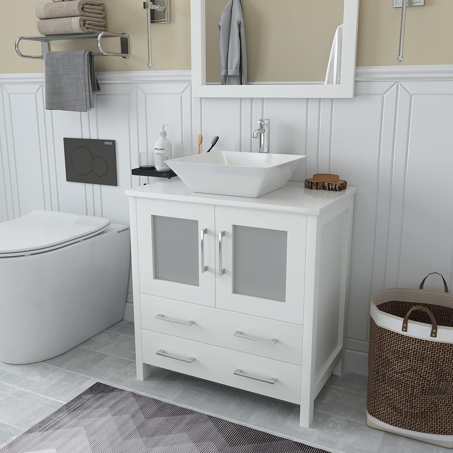 Vanity Art 30 Inch Vessel Single Sink Bathroom Vanity Cabinet with 1 Mirror, Engineered Marble Top Bathroom Cabinet Compact Set with 2 Dovetail Drawers and Soft Closing Doors, VA3130-W