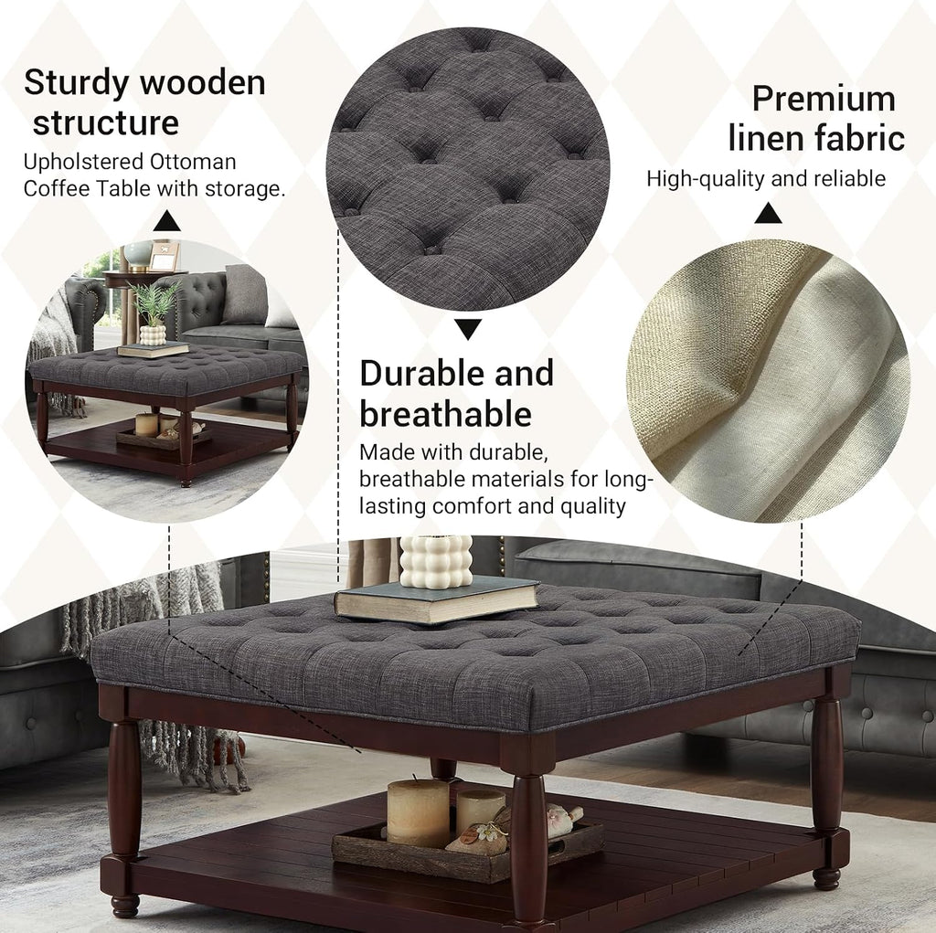 Ottoman Coffee Table, Upholstered Square Coffee Table with Storage Solid Wood Shelf, Linen Large Footrest Ottoman Pouf for Living Room, Dark Gray