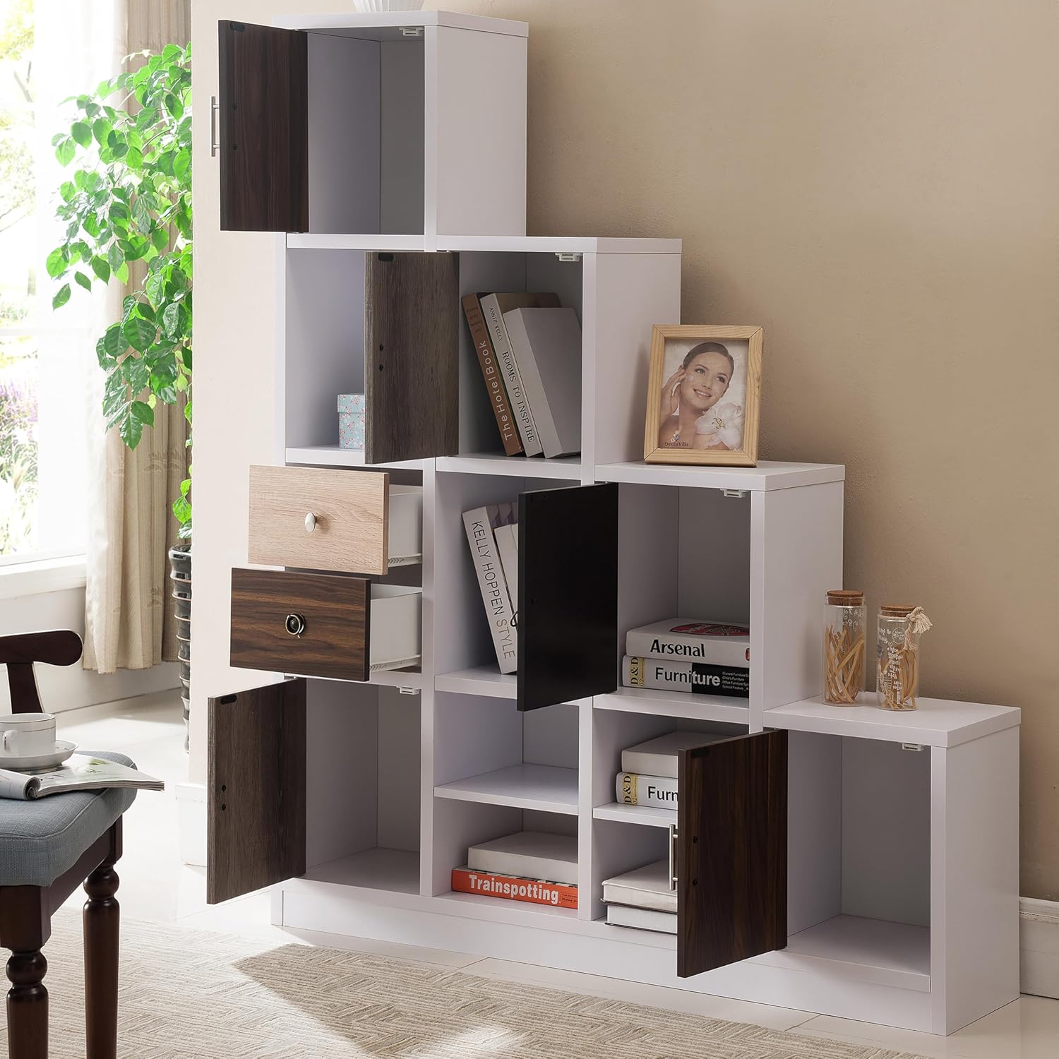 HOMES: Inside + Out Catrina Modern 10-Cube Storage Bookcase with Drawer, L Shaped Ladder Corner Staircase Display Shelves, 4-Tier Organizer Shelf for Living Room , Bedroom, Office, Apartment, White