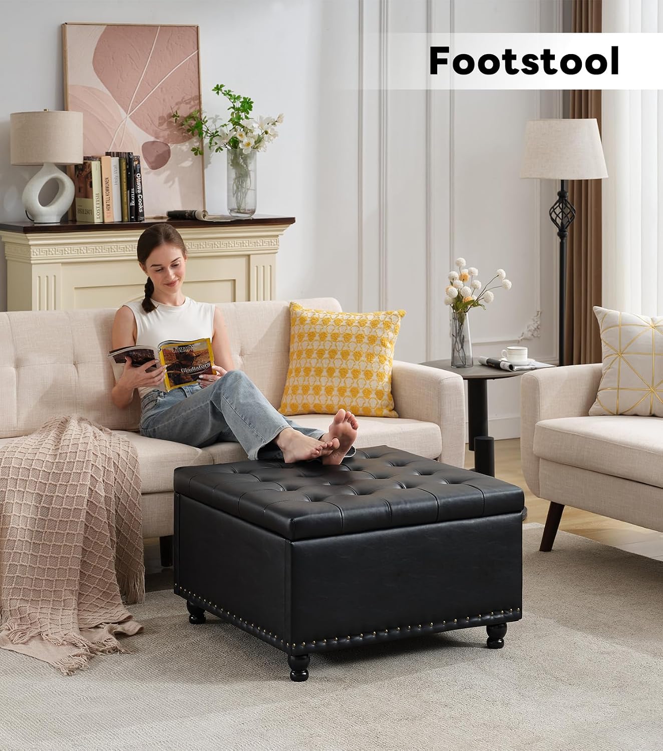 Tbfit 30' Large Square Ottoman Coffee Table with Storage, Oversized Tufted Upholstered Ottomans Bench with Solid Wood Legs for Living Room, Dorm, Leather Foot Stool for Couch Sofa Toy Box, Black