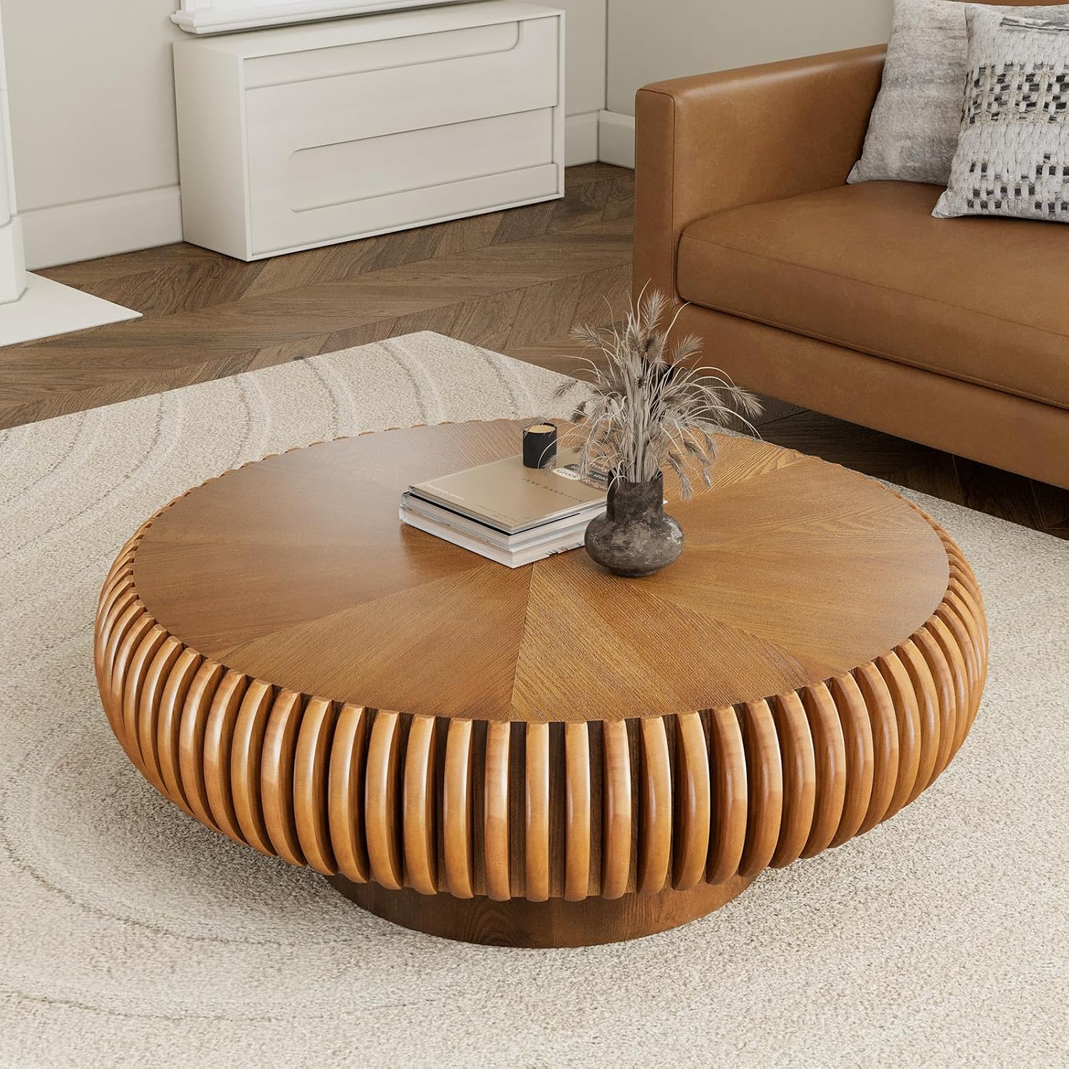 Round Drum Coffee Table with Sturdy Pedestal, Modern Wooden Fluted Coffee Table, Circle Center Table Accent Tea Table for Living Room Apartment Office Reception Room (Brown D31.5)