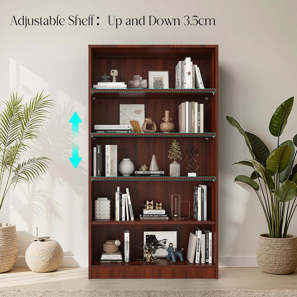 Farini 60 Inch Tall 5-Shelf Bookcase, Wood Bookshelf Storage Organizer Adjustable Shelf for Home Office, Study Room, Easy Assembly,Mahogany