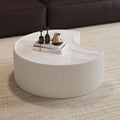 White Round Coffee Table with Sintered Stone Tabletop, 29.53' Drum Coffee Table with Fluted PU Leather Covered and Stable Base, Circle Cocktail Tea Table for Living Room