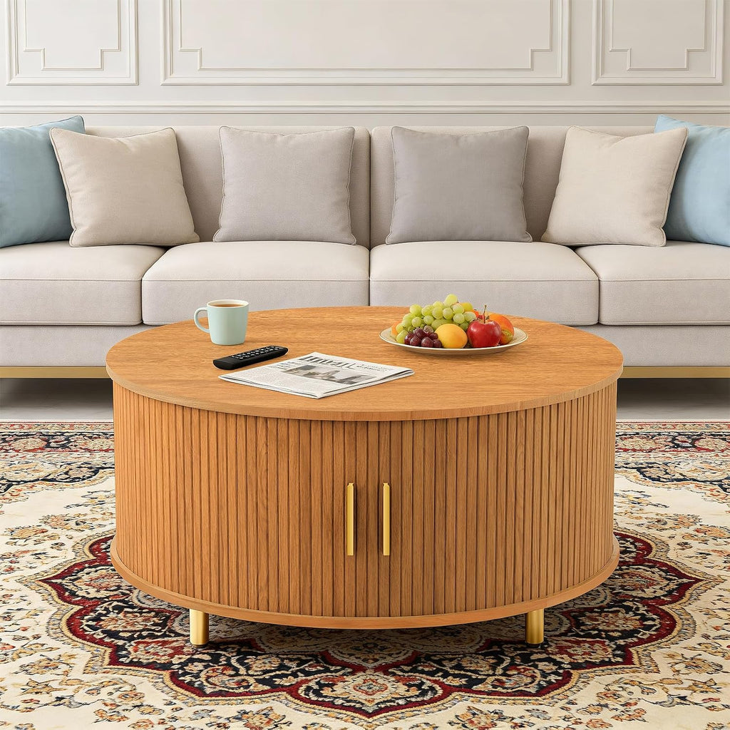 DHH Round Coffee Table, 31.5' Mid Century Modern Coffee Table with 360° Sliding Tambour Door, Fluted Accent Coffee Table with Storage,Adjustable Footpads for Living Room, Yellow Walnut