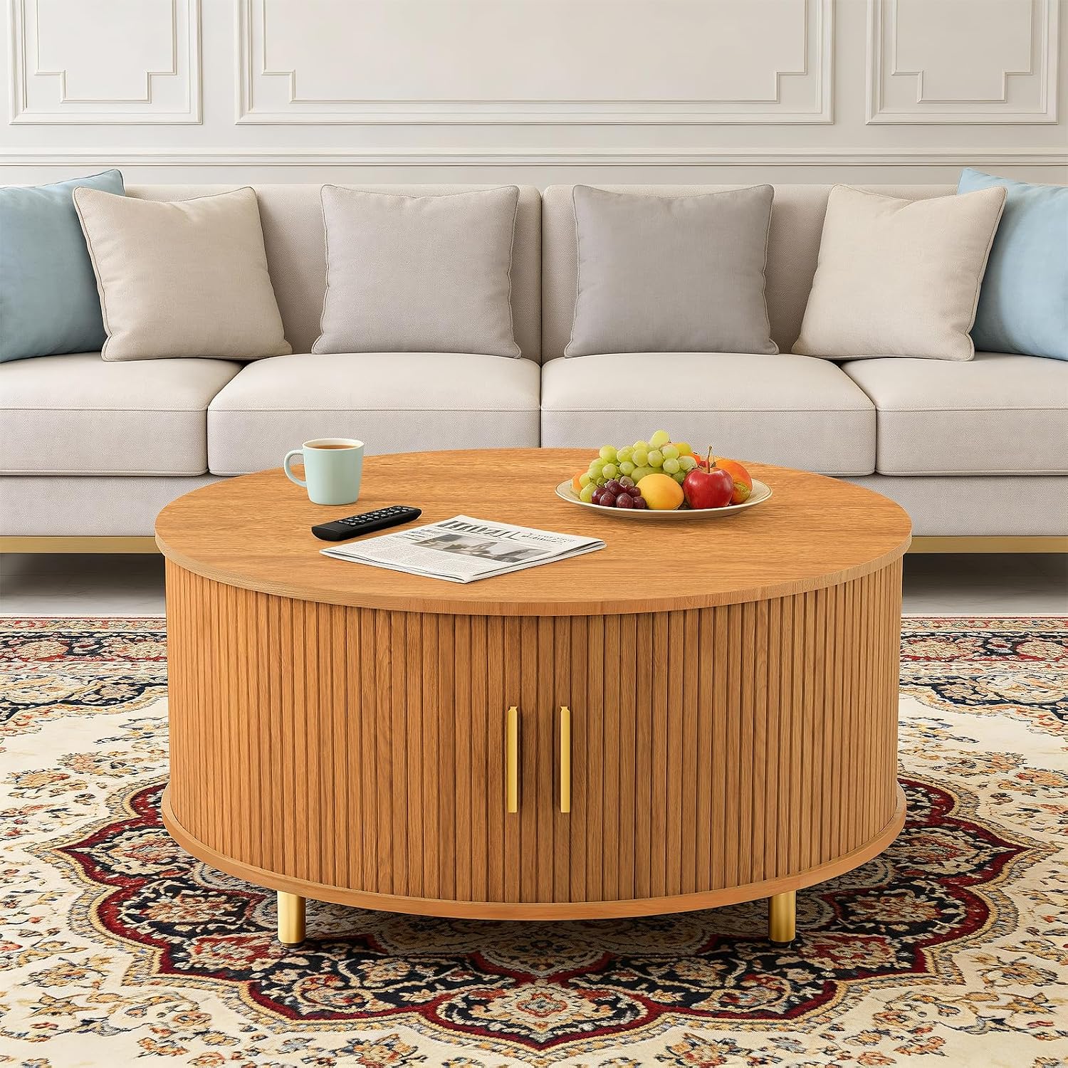 DHH Round Coffee Table, 31.5' Mid Century Modern Coffee Table with 360° Sliding Tambour Door, Fluted Accent Coffee Table with Storage,Adjustable Footpads for Living Room, Yellow Walnut