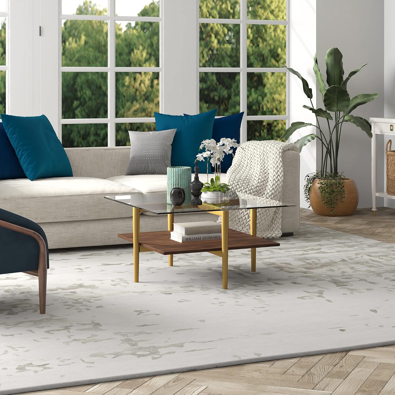Otto 32' Wide Square Coffee Table with Faux Walnut Shelf in Brass