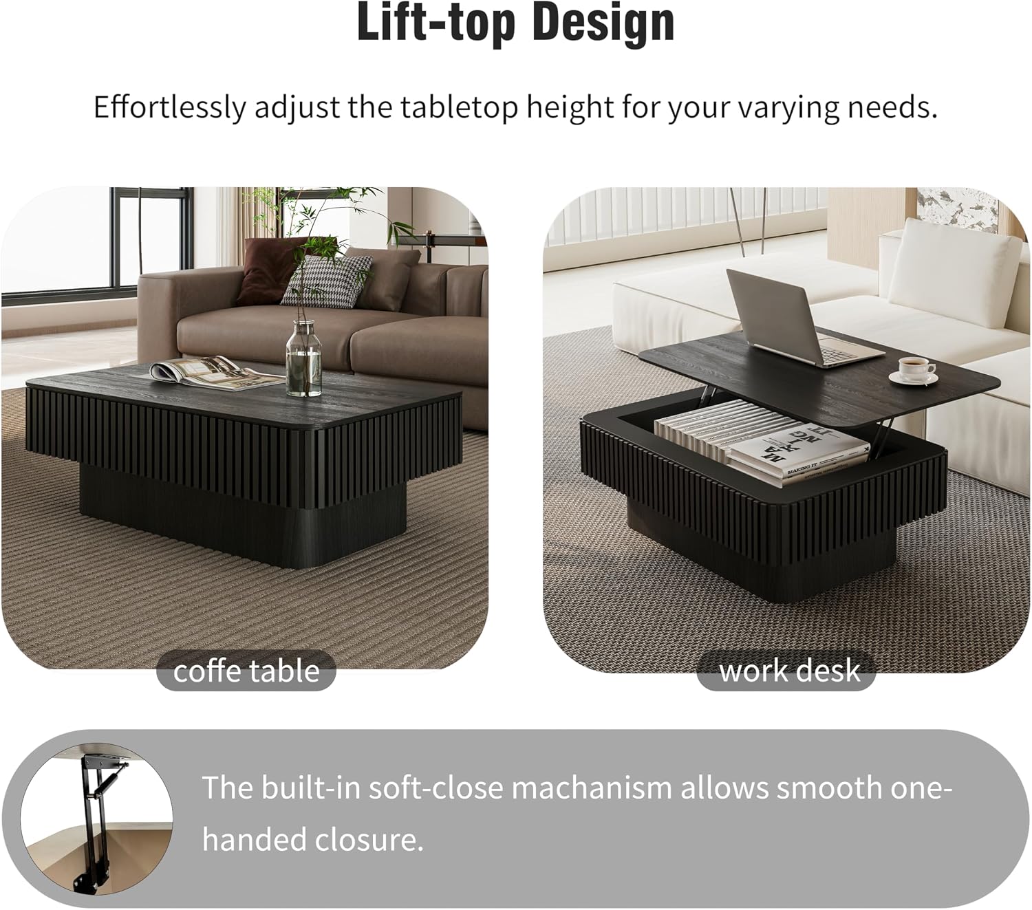 Rectangle Coffee Table with Lifting Top for Living Room Modern Coffee Table with Storage Smart Coffee Tables Lift Up Coffee Tables for Eat Fluted Pedestal Center Tables Apartment 38.6' Black