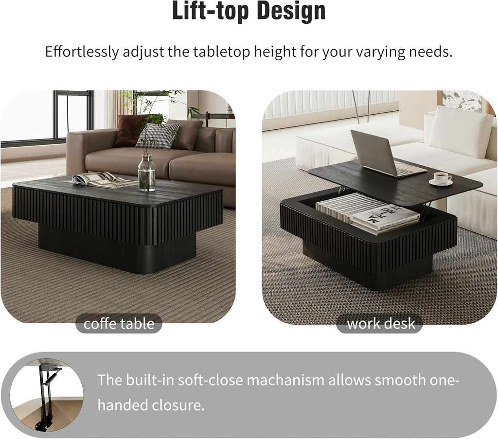 38.6'' Lift-top Coffee Table Solid Wood Veneered Center Table Rectangular Fluted Table with Storage and Adjustable Height for Living Room Apartment Office, Black