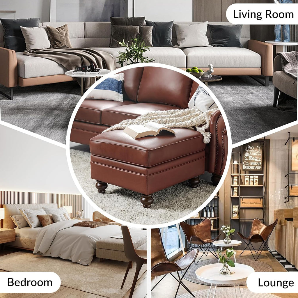 HULALA HOME Genuine Leather Ottoman Coffee Table, Ottoman Foot Rest for Living Room, Brown