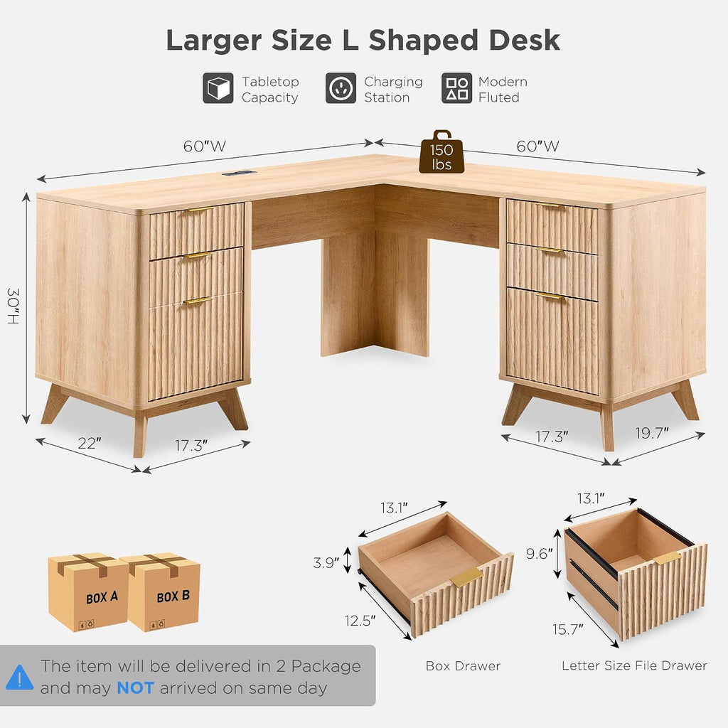 T4TREAM 60'' Fluted Executive L Shaped Desk, Modern Home Office Desk with Charging Station and File Drawer, Computer Corner Desks with Drawers & Storage Cabinet for Office Home, Bedroom, Natural Oak