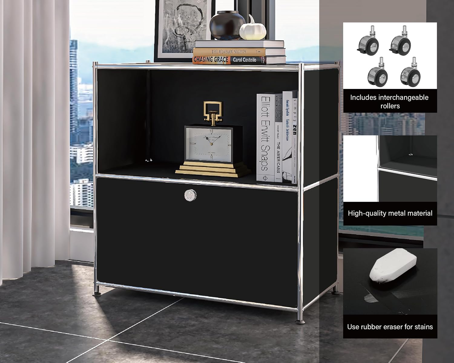 32.5-Inch Flip-Top Storage Cabinet with Detachable Wheels, Metal Side Table and Small Sideboard Cabinet for Living Room, Bedroom, Office, Orange