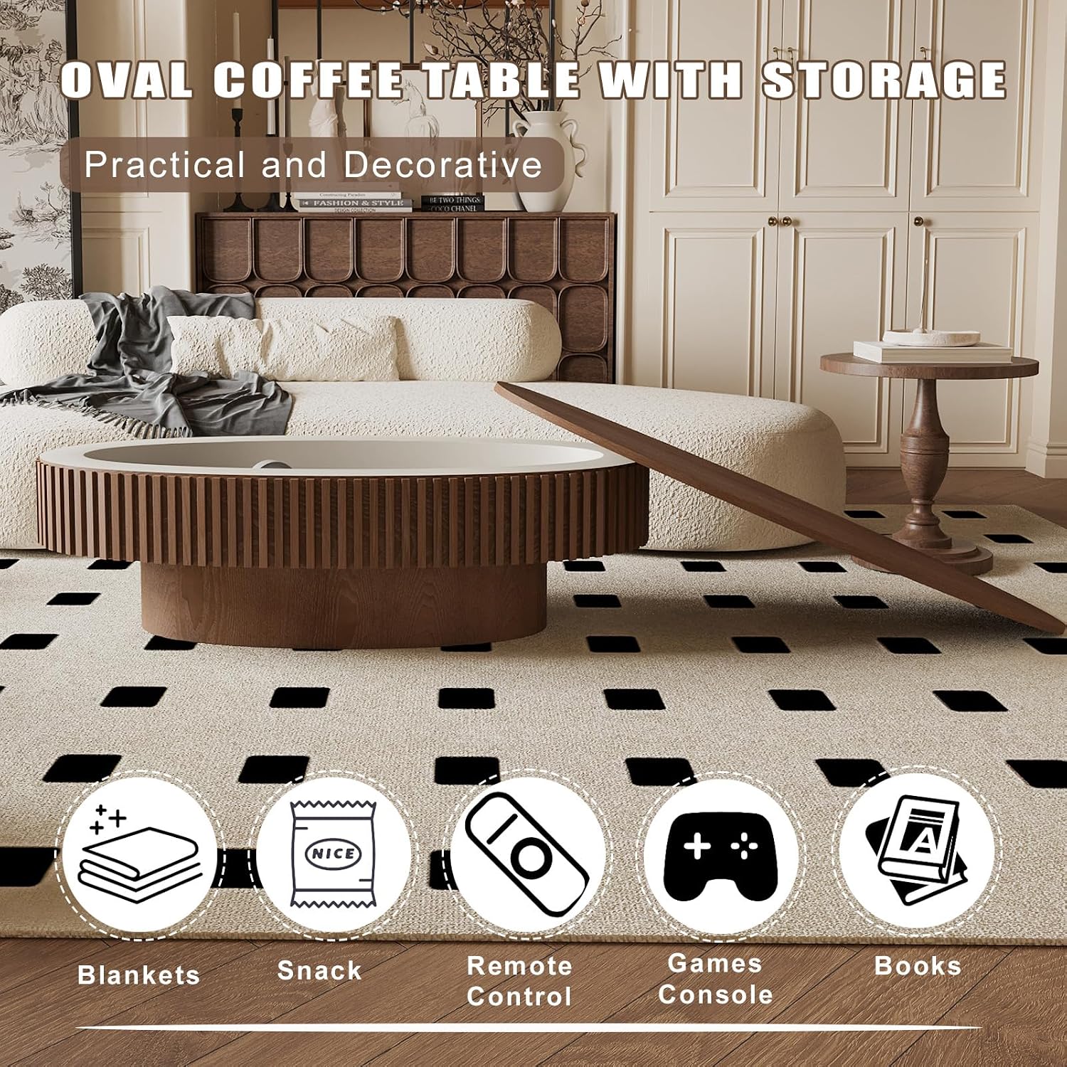 Oval Coffee Table with Storage, Modern Walnut Coffee Table with Solid Wood Veneered, Fluted Center Table Wood Drum Tea Table for Living Room Apartment, 47.2''L×23.6''W×14.2''H