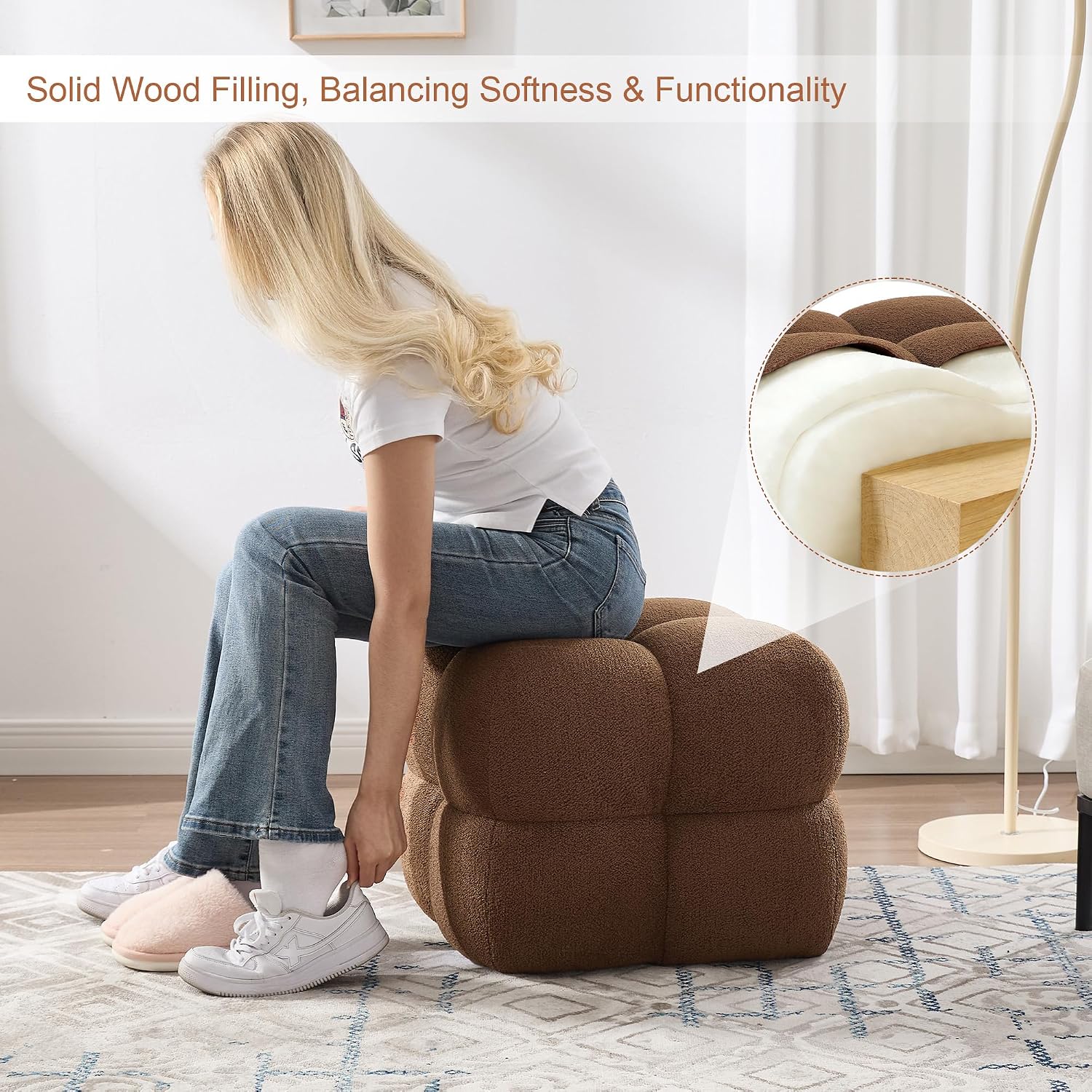 Zesthouse Square Pouf Ottomans Footstool Set of 2, Upholstered Poofy Ottoman for Couch Sofa, Modern Ottoman Coffee Table for Living Room, Rust Brown Boucle Fabric Stool Foot Rest, Cute Vanity Chair
