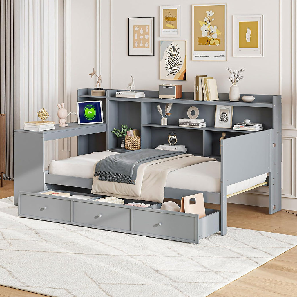 Twin Size Daybed Frame with Desk and 3 Storage Drawers & USB Port Shelves Headboard, Pinewood Corner Bed, Twin Captain Bed for Small Room, Bedroom, Guest Room,Gray