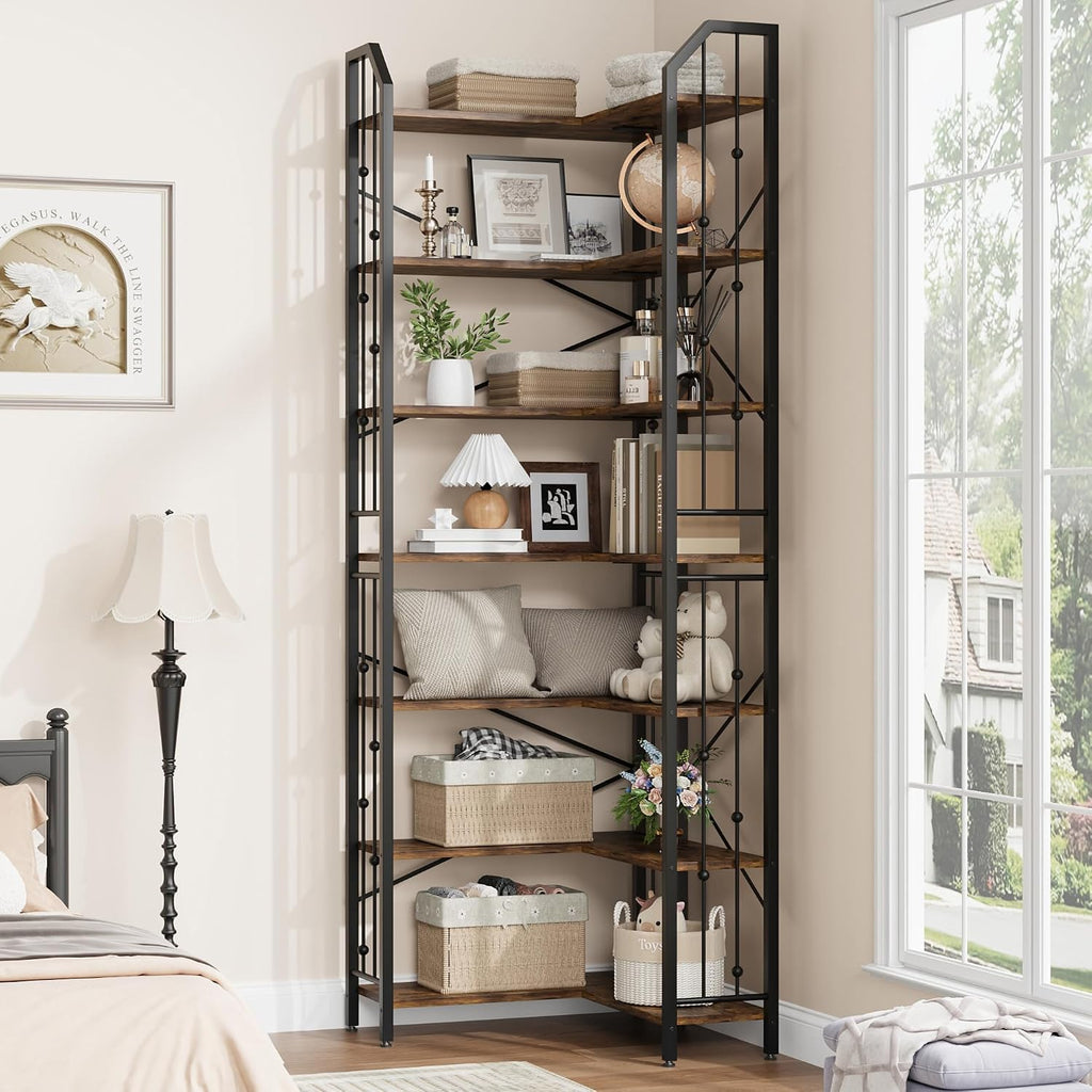 Takywep 86' Corner Bookshelf, l-Shaped 7 Tier Bookcase, Tall Corner Bookcase with Beaded Design, Large Display Shelf for Living Room Bedroom Brown