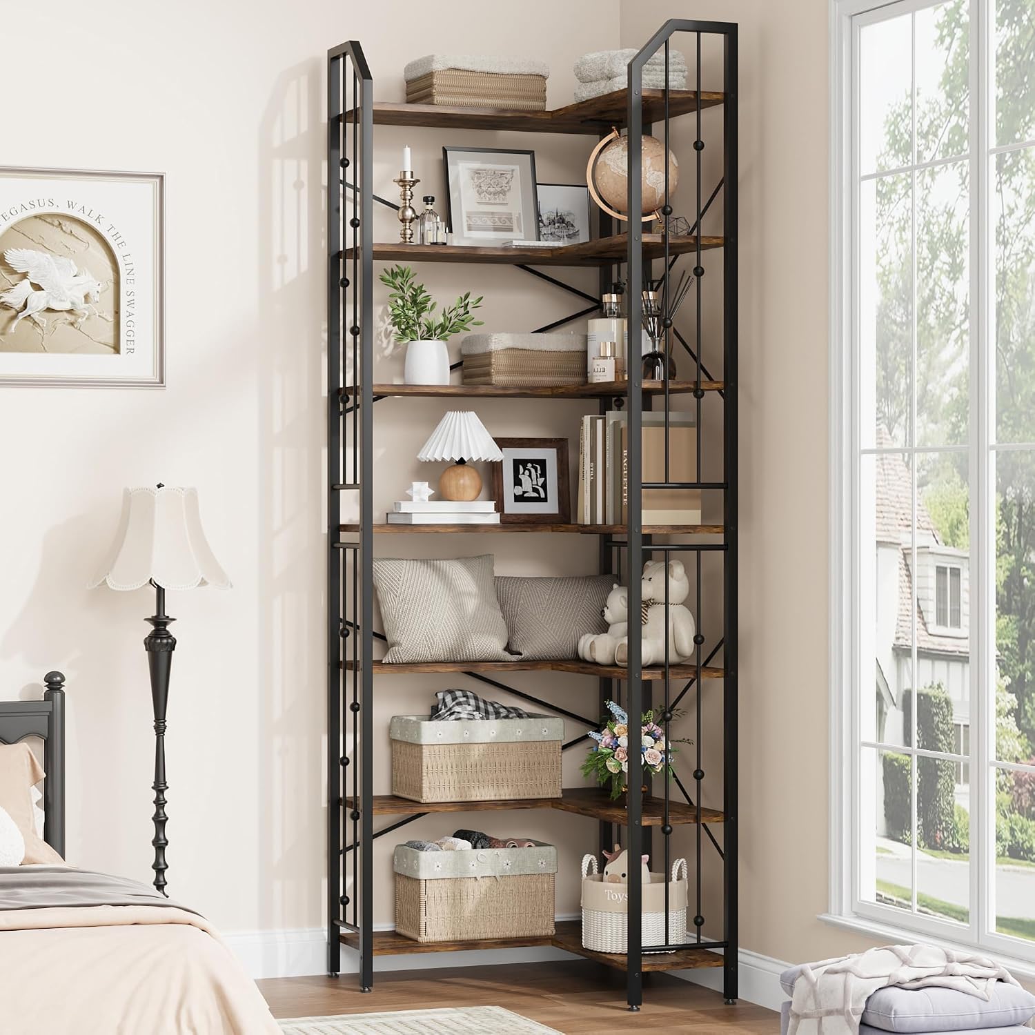Takywep 86' Corner Bookshelf, l-Shaped 7 Tier Bookcase, Tall Corner Bookcase with Beaded Design, Large Display Shelf for Living Room Bedroom Brown
