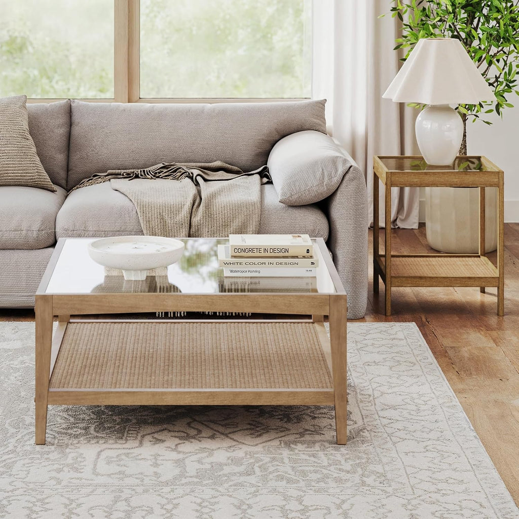 Nathan James Hayes Glass Coffee Table and Side Table Set with Rattan Bottom Shelf, Bohemian 2-Piece Living Room Set