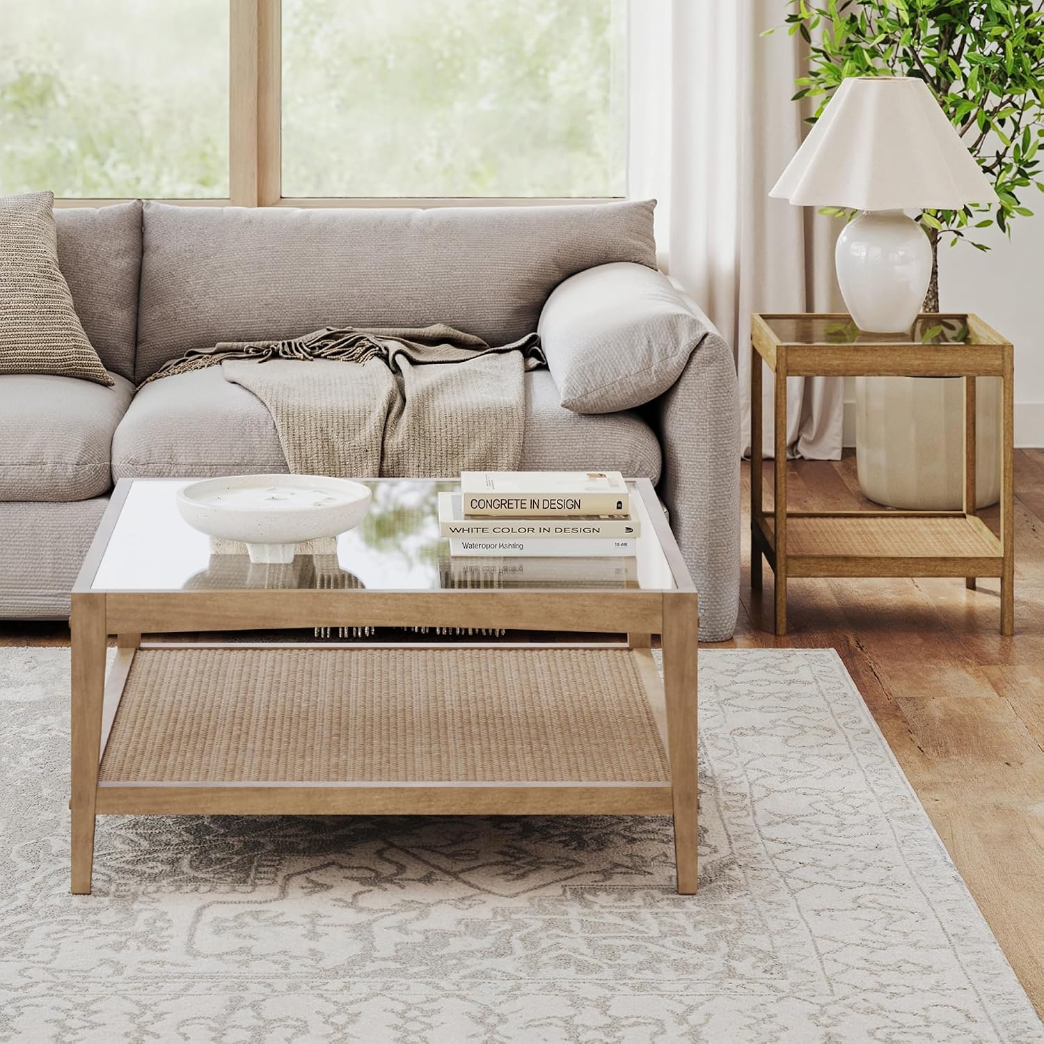 Nathan James Hayes Glass Coffee Table and Side Table Set with Rattan Bottom Shelf, Bohemian 2-Piece Living Room Set