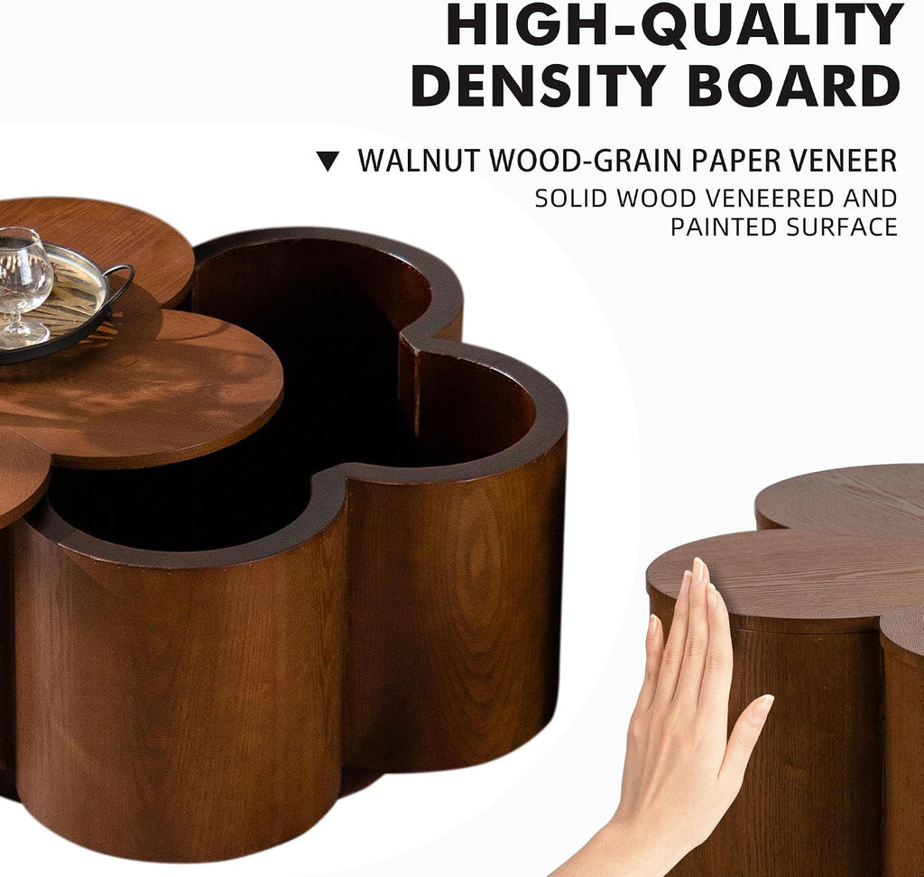 Nesting Tables for Living Room with Storage, Retro Nesting Coffee Table Set of 2, Petal Walnut Solid Wood Coffee Tables Mid Century Modern Center End Side Table Sets for Farmhouse Apartment Office