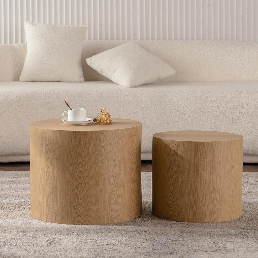 GDFStudio Round Nesting Coffee Table Set of 2, Modern Wooden Accent Side Table, Space Saving Small Circular Tea Coffee Tables and End Tables Sets for Living Room Small Space, No Assembly, Natural Wood
