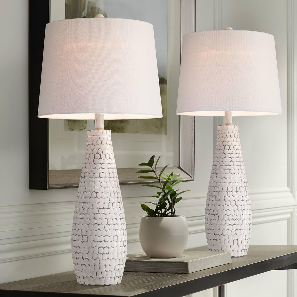 360 Lighting 29 1/2' Tall Modern Coastal End 3-Way Table Lamps Set of 2 USB Port Whitewash Ceramic Fabric White Shade Living Room Charging Bedroom Bedside Nightstand House Office Home Reading