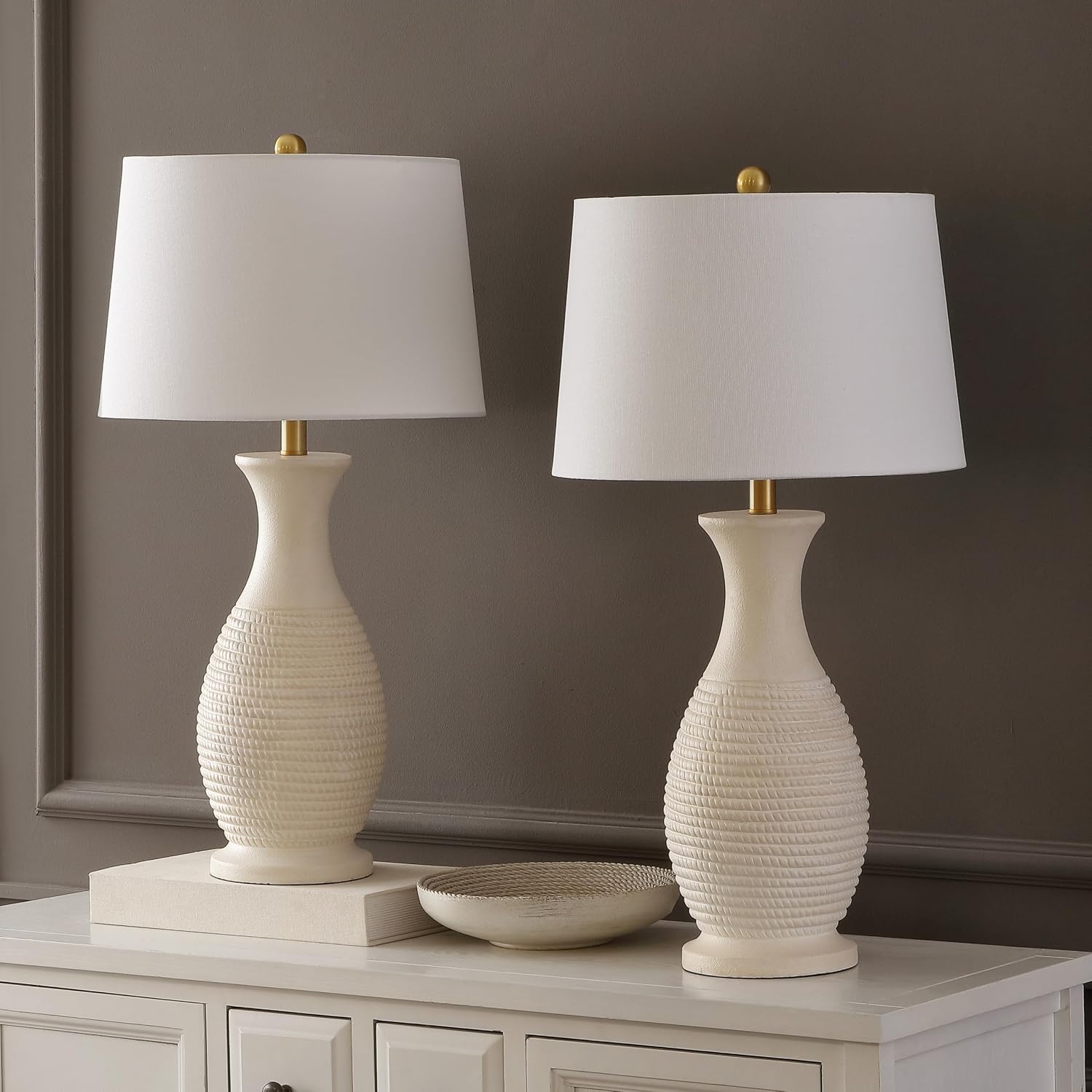 SAFAVIEH Lighting Collection Bentlee Bone & White 30-inch Table Lamp Set of 2 (LED Bulbs Included)