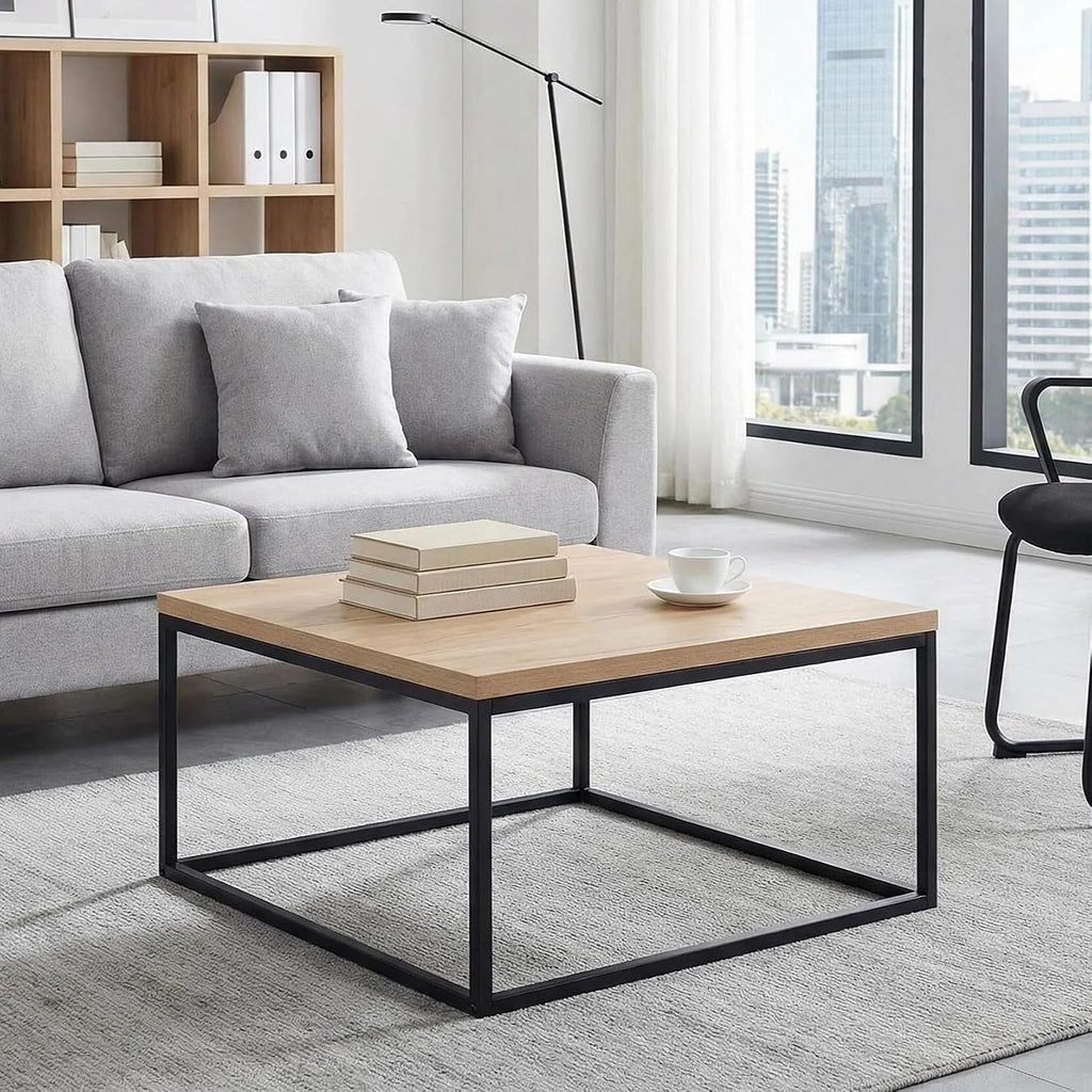 CENSI 30' Square Coffee Table, Natural Oak Light Wood Center Table for Living Room, Modern Industrial Farmhouse Cocktail Table, Extra Thick 1.2' Top with Sturdy Metal Frame, Scandi Style