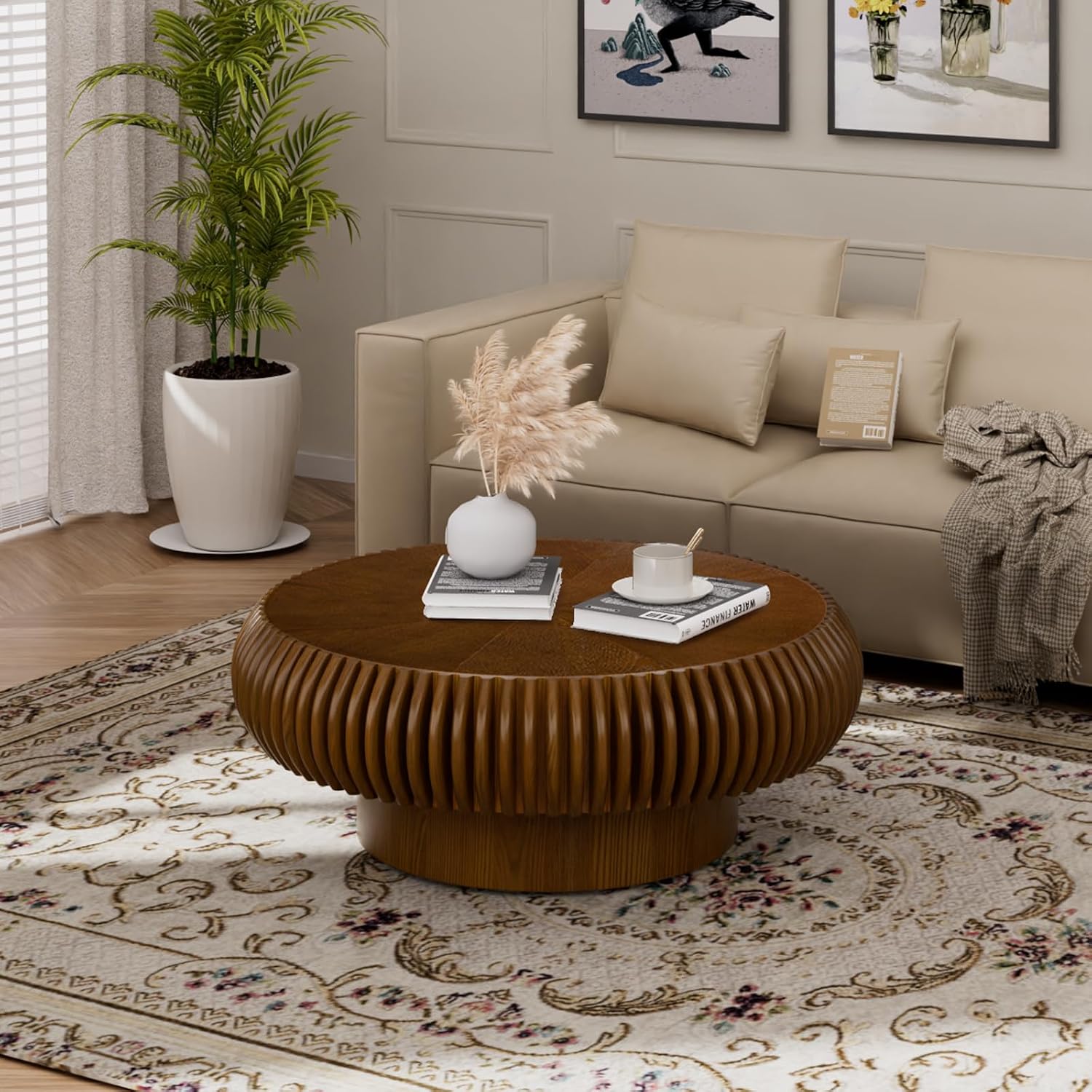 Fluted Drum Coffee Table Round Coffee Table for Living Room Mid Century Modern Coffee Tables with Sturdy Pedestal Circle Center Tea Table Accent Tea Table for Small Space Apartment (31.5' Walnut)