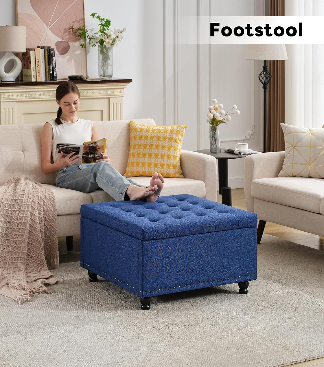 Tbfit 30' Large Square Ottoman Coffee Table with Storage, Oversized Tufted Upholstered Ottomans Bench with Solid Wood Legs for Living Room, Dorm, Leather Foot Stool for Couch Sofa Toy Box, Blue