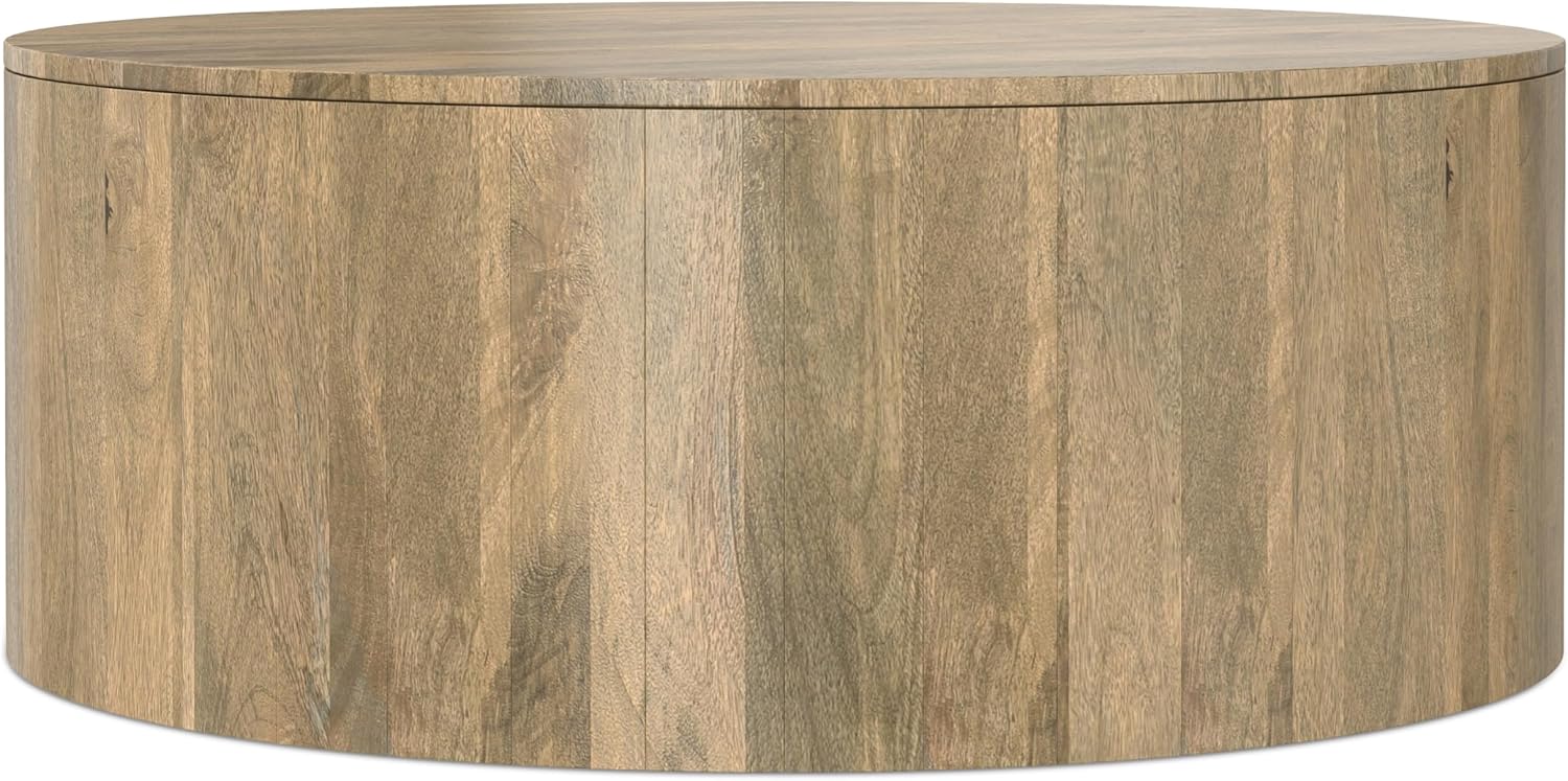 SIMPLIHOME Millbury Drum Coffee Table - 36 inch Wide Solid Mango Wood Round Living Room Table in Briarsmoke, Contemporary Cocktail Table for Family Room or Lounge with Large Surface, Assembled