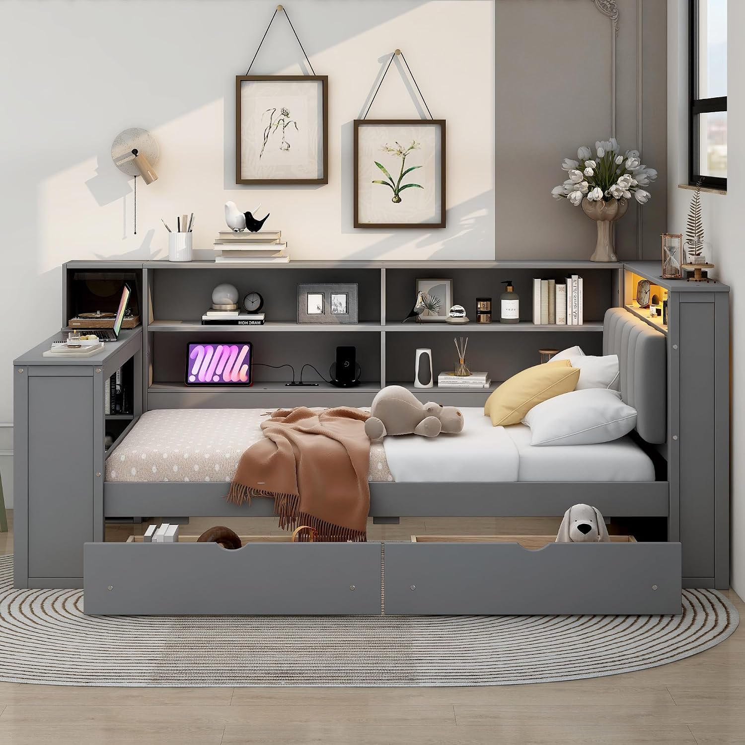 LUMISOL Twin Size Daybed with Storage Drawers and Upholstered Headboard, Wood L Shaped Corner Bed Frame with Desk, Drawers, LED Light & USB Ports for Living Room, Space-Saving, Gray
