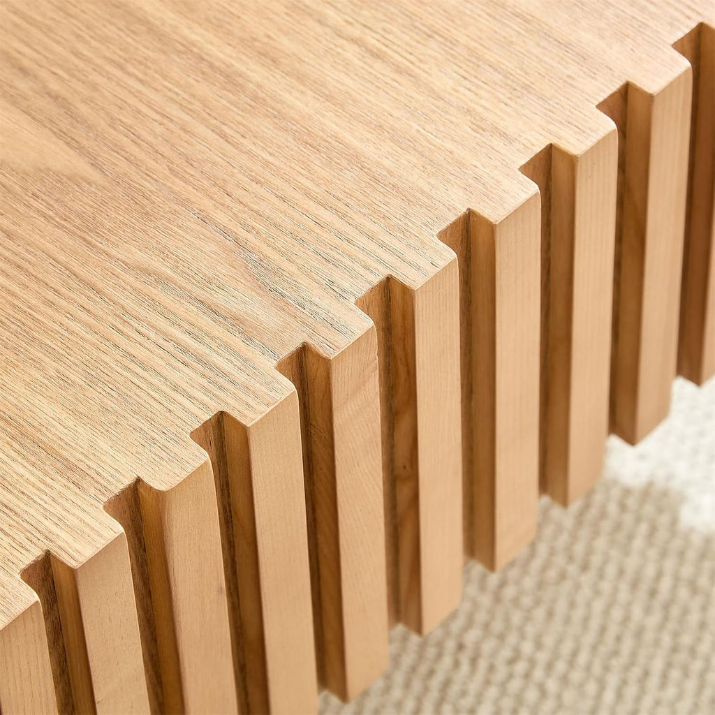 LKTART Square Coffee Table for Living Room, Accent Fluted Coffee Table with Storage, Modern Solid Wood Veneered Large Center Tea Table for Small Space Apartment (35.4''D×16''H-Natural)