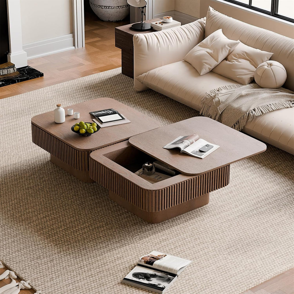 Square Coffee Table for Living Room,Fluted Drum Accent Tea Center Table with Storage,Solid Wood Modern Coffee Tables for Small Space Office Apartment (31.5' L×31.5''W×14''H-Walnut)