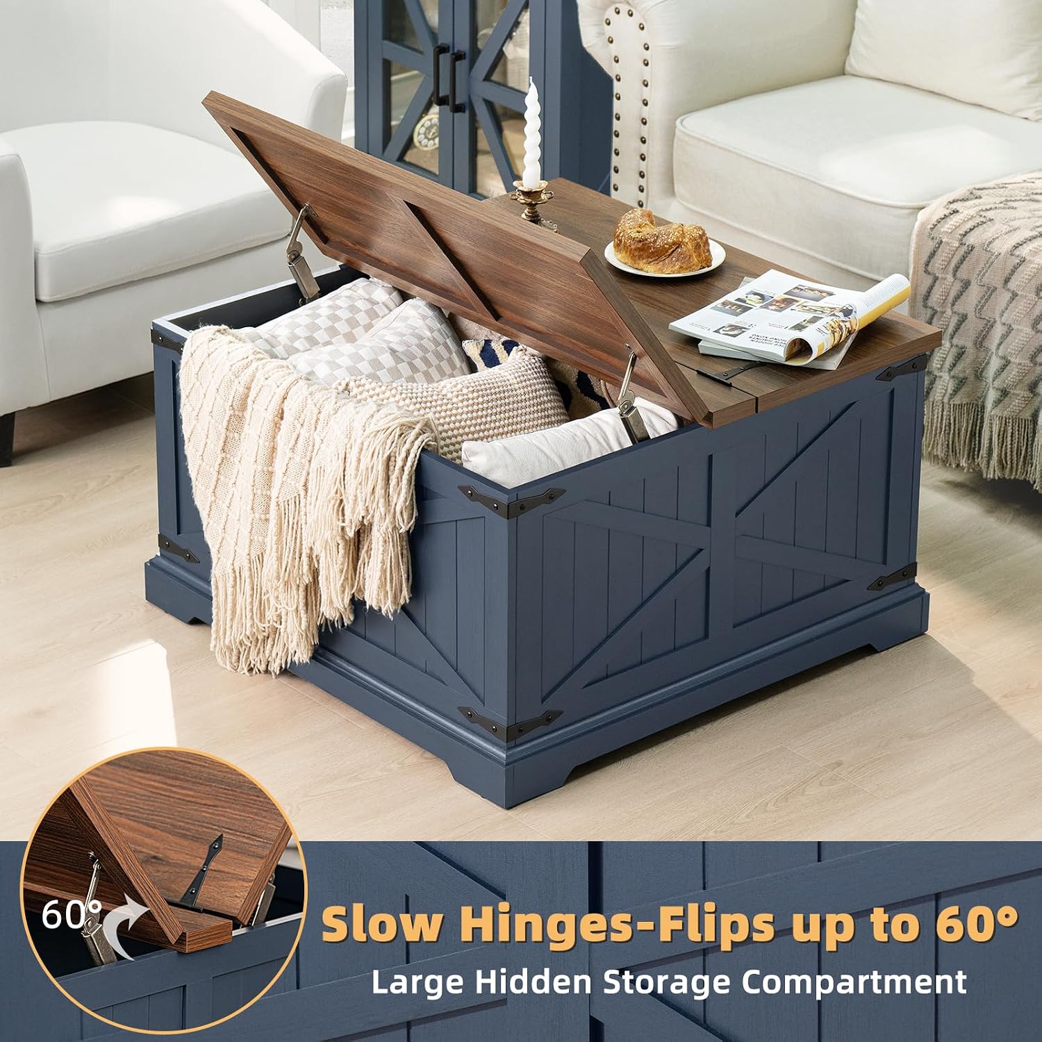 Joaxswe Farmhouse Coffee Table with Large Hidden Storage Compartment, Navy Blue Square Center Table, Wood Rustic Low Modern Living Room Tables with Hinged Lift Brown Top & Wooden Arc Base