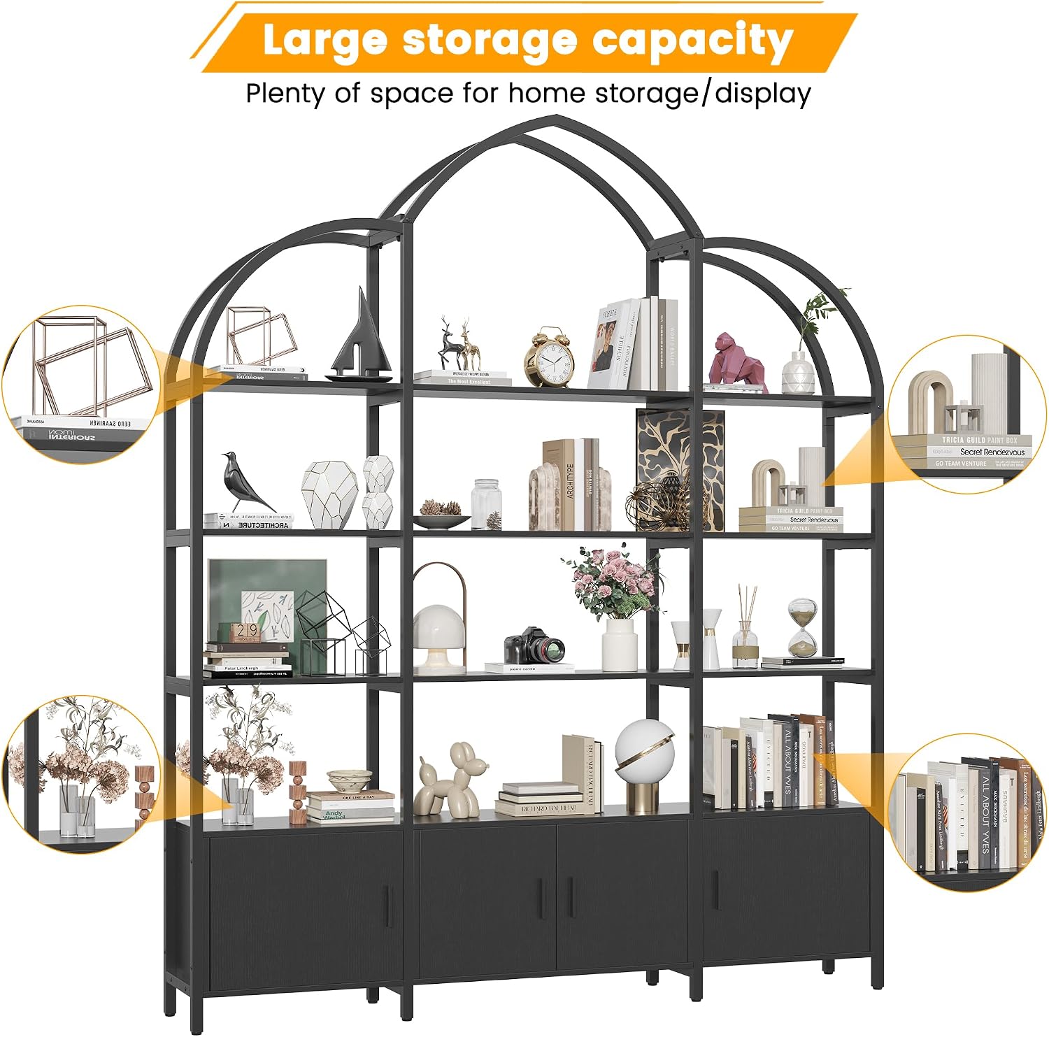 85.8' Tall Arched Bookshelf with Door, 5-Tier Etagere Bookcase with Storage Cabinet Shelf, Triple Wide Industrial Bookshelf, Free Standing Display Shelf for Living Room Home Office, Black