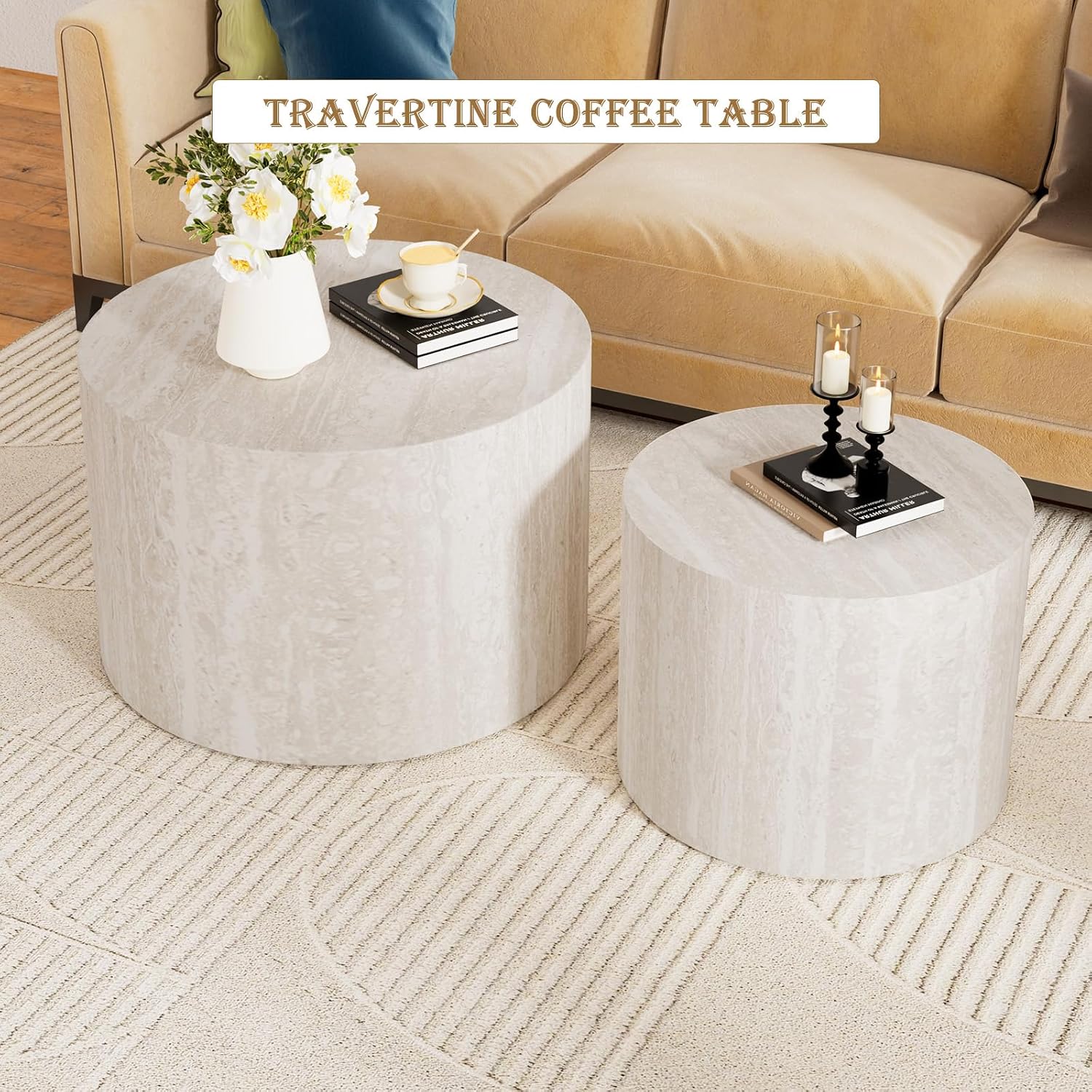 Round Nesting Coffee Table Set of 2, Travertine Coffee Table Circle Drum Side Table Small End Table Minimalist Center Tables for Living Room Office, No Assembly (Travertine)