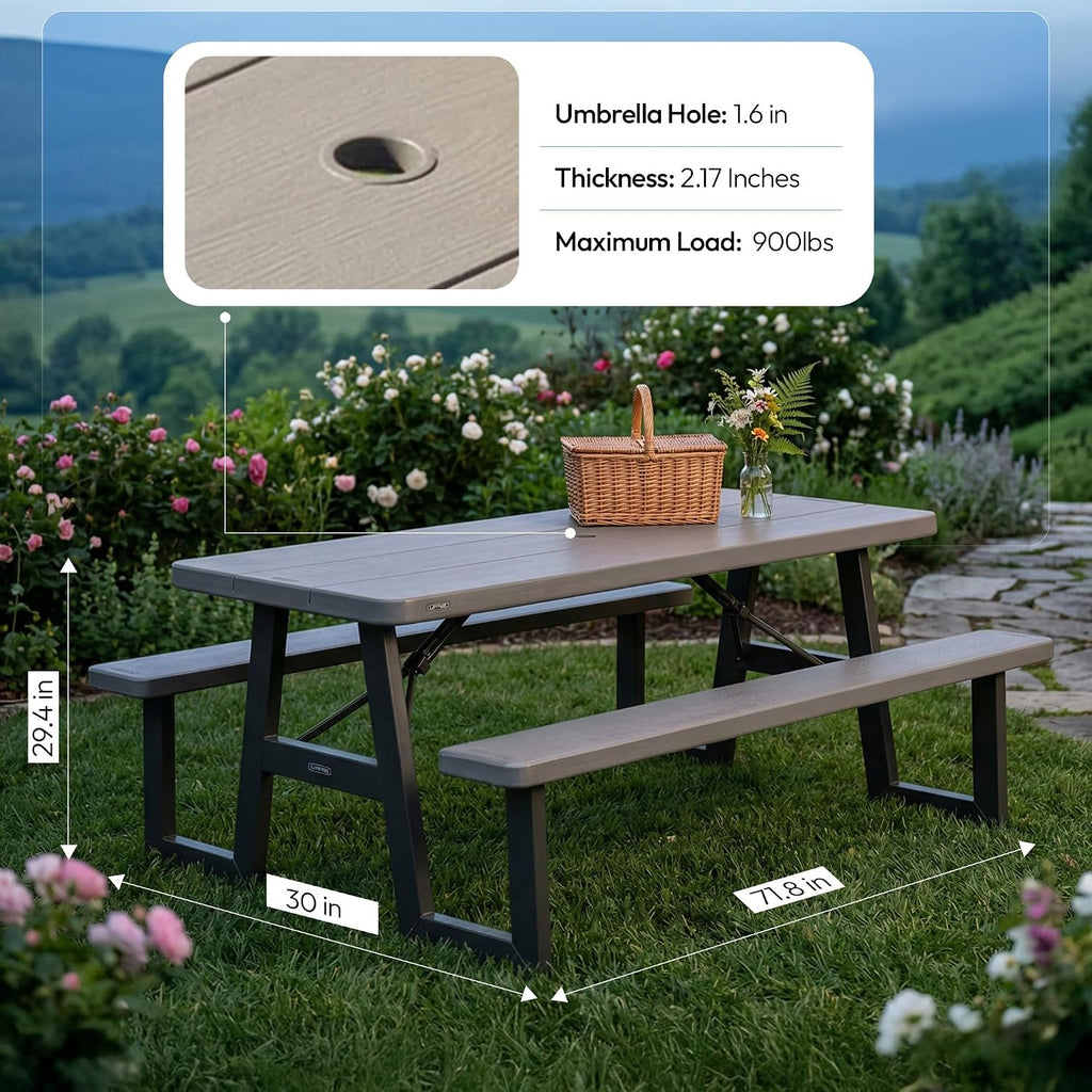 LIFETIME 6-Foot Folding Picnic Table with Benches, Seats 8, Heavy-Duty HDPE Tabletop, Steel Frame, Weather & UV Resistant Outdoor Picnic Table with Umbrella Hole