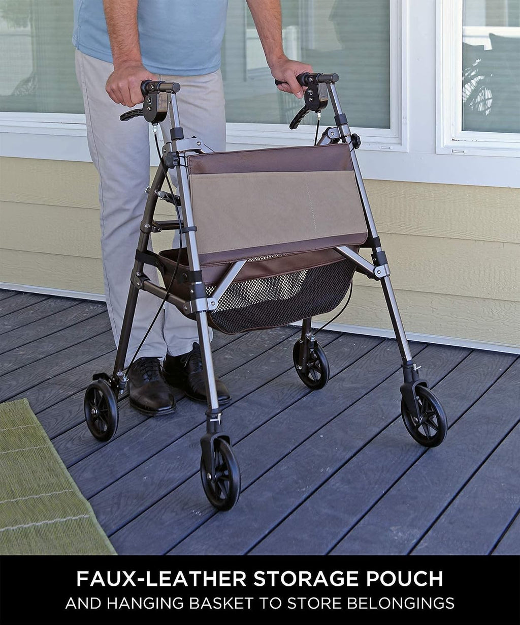 Signature Life Elite Travel Rollator Short, Junior Foldable and Lightweight Four Wheel Rolling-Walker with Seat for Adults, Seniors and Elderly, Petite Walking Aid with Locking Brakes and Pouch