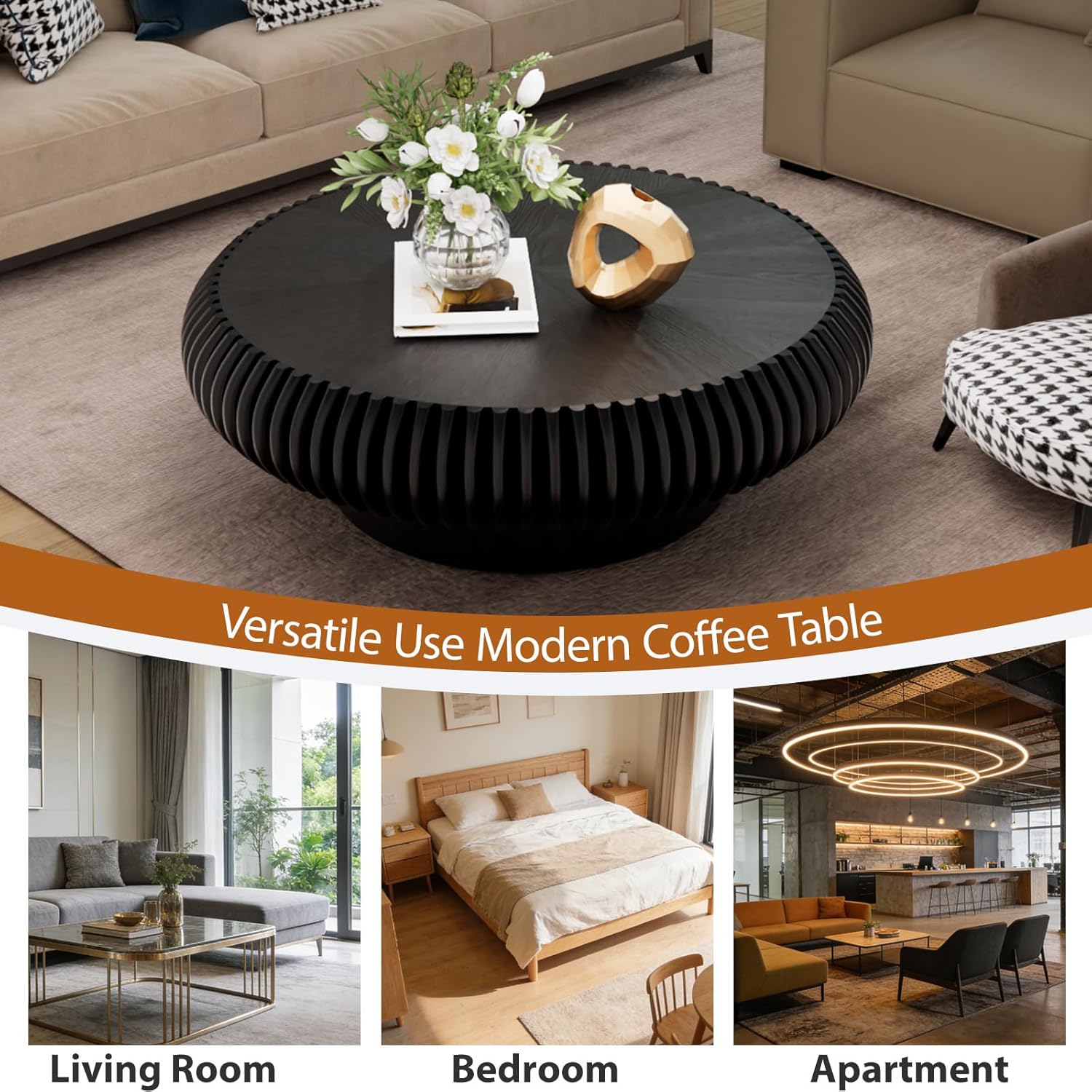 Round Drum Coffee Table with Sturdy Pedestal, Modern Wooden Fluted Coffee Table, Circle Center Table Accent Tea Table for Living Room Apartment Office Reception Room (Black D39.4)