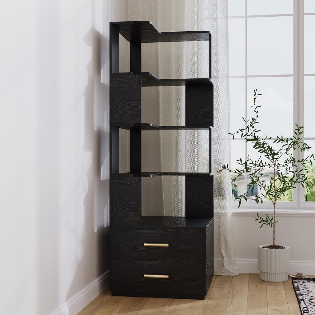 Corner Bookshelf with Drawers,66.9' L Shaped Tall Bookshelf and Bookcase,5 Tier Corner Bookcase with Storage Display Shelf Stand for Home Office, Living Room, Bedroom, Kitchen
