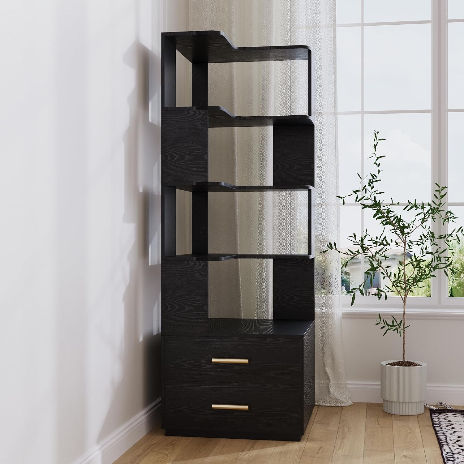 Corner Bookshelf with Drawers,66.9' L Shaped Tall Bookshelf and Bookcase,5 Tier Corner Bookcase with Storage Display Shelf Stand for Home Office, Living Room, Bedroom, Kitchen