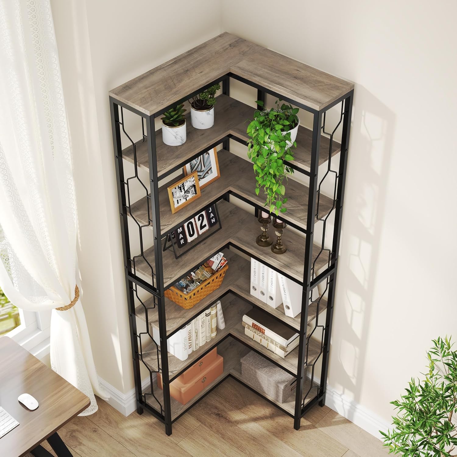 Tribesigns 7-Tier Corner Shelf, 78.7' Tall Bookshelf with Storage, Corner Bookshelf and Bookcase, Industrial Display Shelf, Large Bookcase for Living Room, Bed Room, Home Office (Grey)