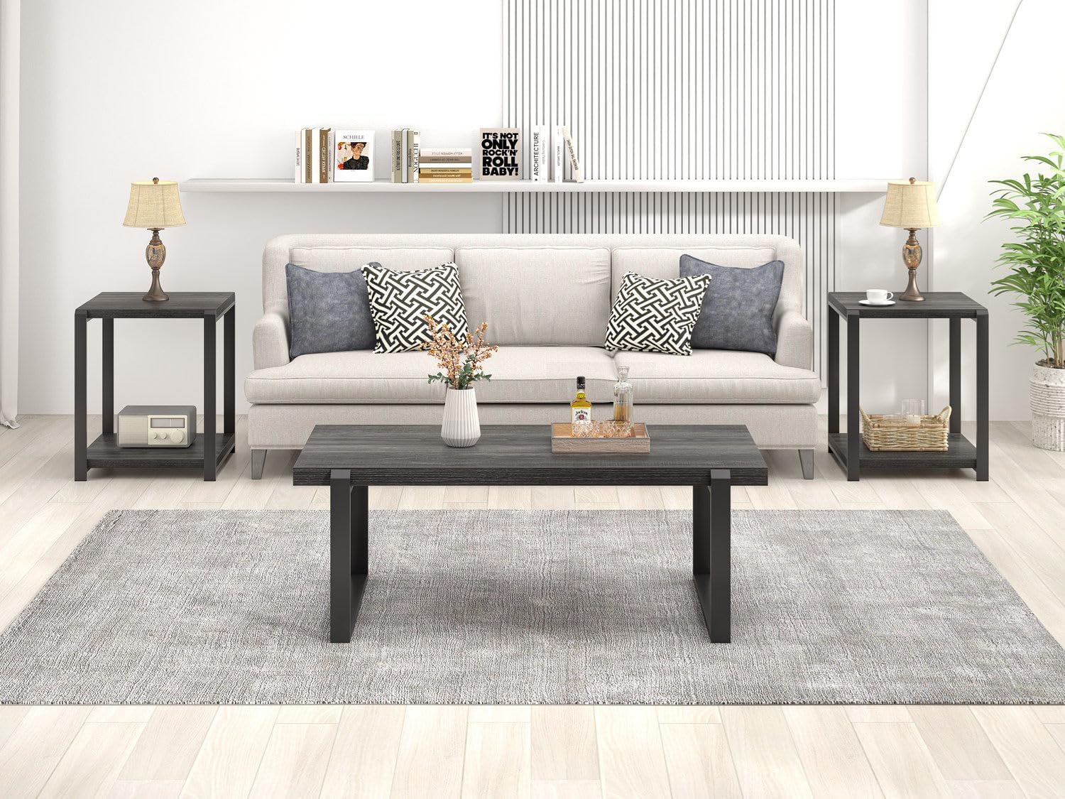 FOLUBAN Coffee Table, Modern Industrial Wood and Metal Center Table, Rectangle Cocktail Tea Table for Living Room, Dark Gray, 44 Inch