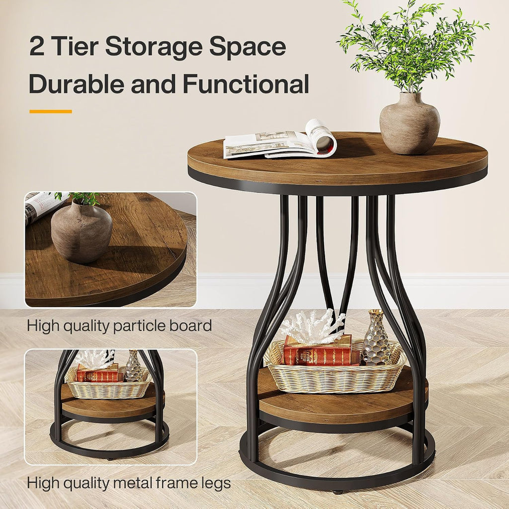 Tribesigns Round Side End Table 2-Tier End Tables Modern Bedside Table Small Chairside Tables with Storage for Couch Side, Nightstand with Metal Frame for Living Room (2 pcs, Brown+Black)
