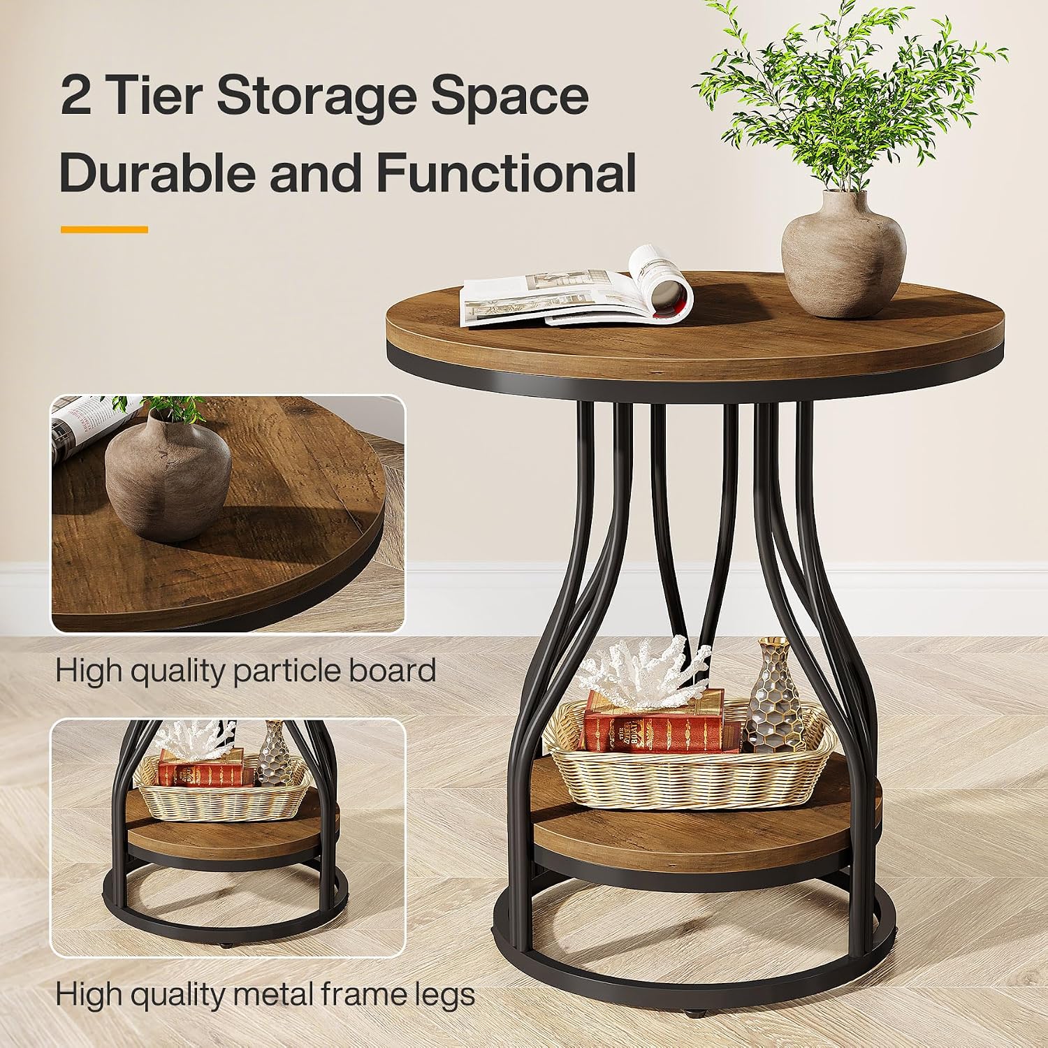 Tribesigns Round Side End Table 2-Tier End Tables Modern Bedside Table Small Chairside Tables with Storage for Couch Side, Nightstand with Metal Frame for Living Room (2 pcs, Brown+Black)