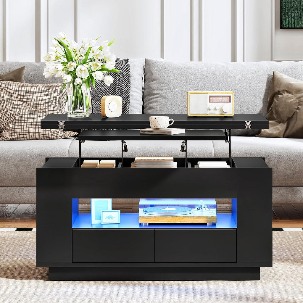 CHOEZON 40-Inch Lift Coffee Table with 2 Drawers, LED Lights and Storage, 4-in-1 Multi-Use Center Table with Floating Base, for Living Room, Black MKF03DBB