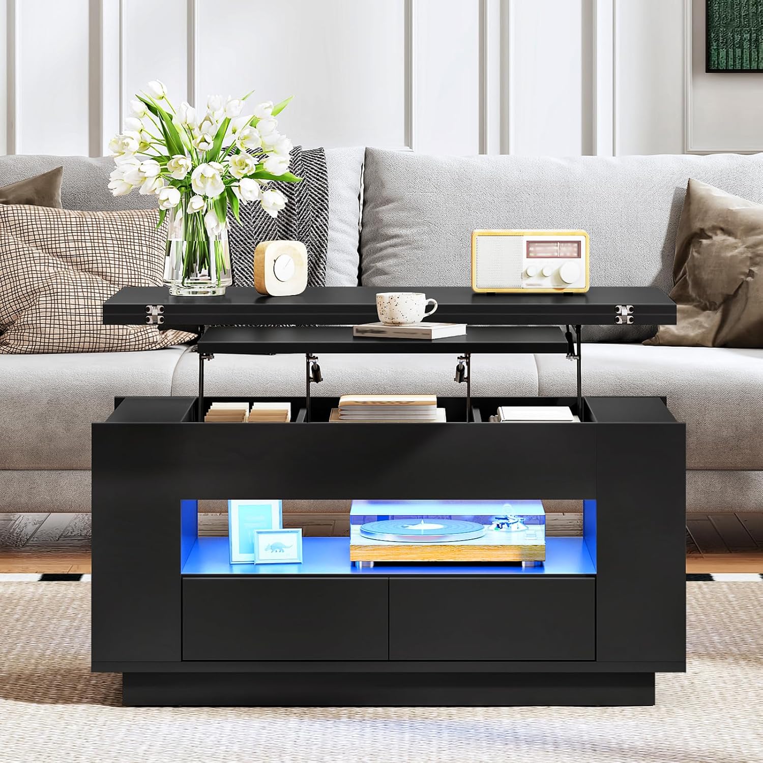CHOEZON 40-Inch Lift Coffee Table with 2 Drawers, LED Lights and Storage, 4-in-1 Multi-Use Center Table with Floating Base, for Living Room, Black MKF03DBB